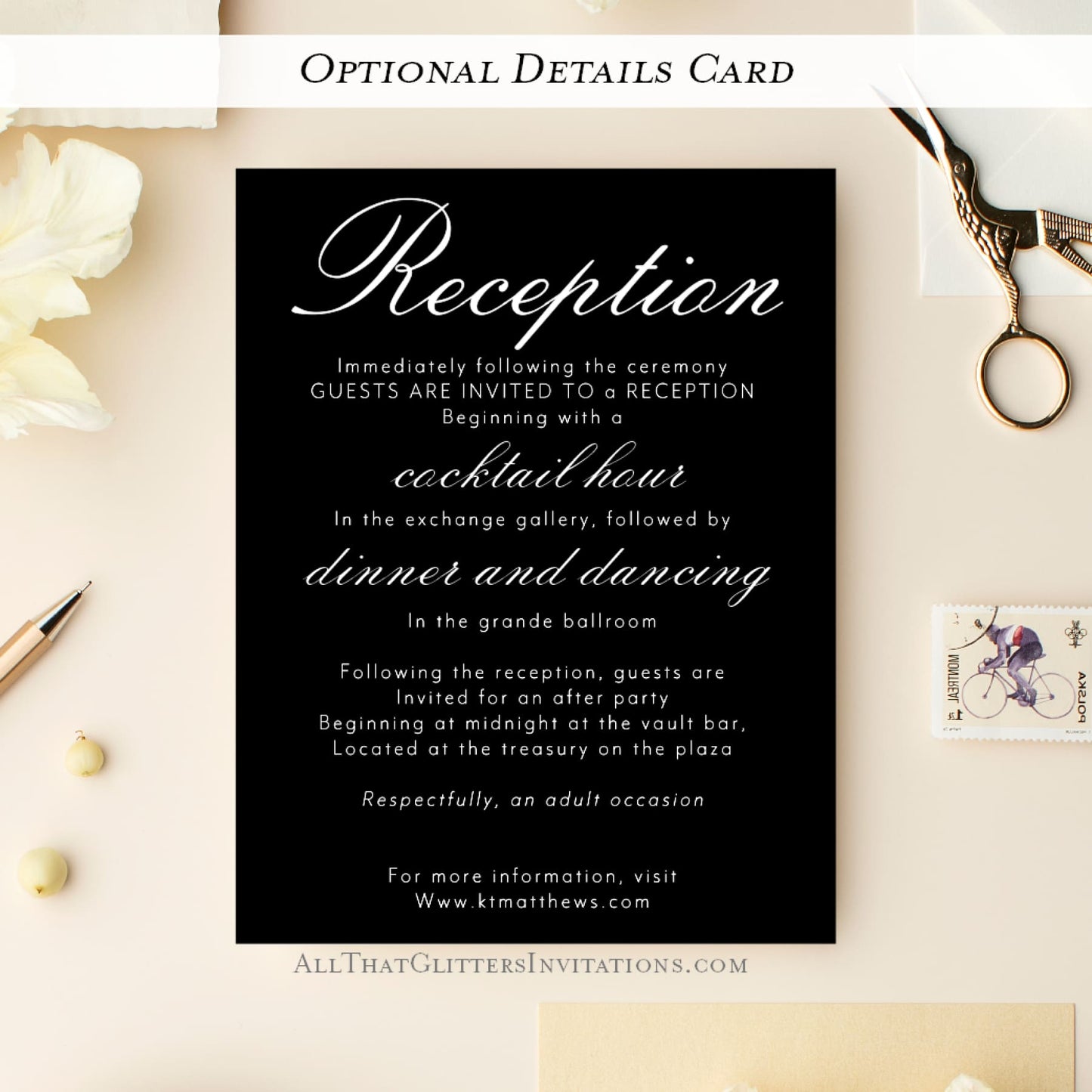 Black and Vintage Rose Wedding Invitation, Karrie - All That Glitters Invitations