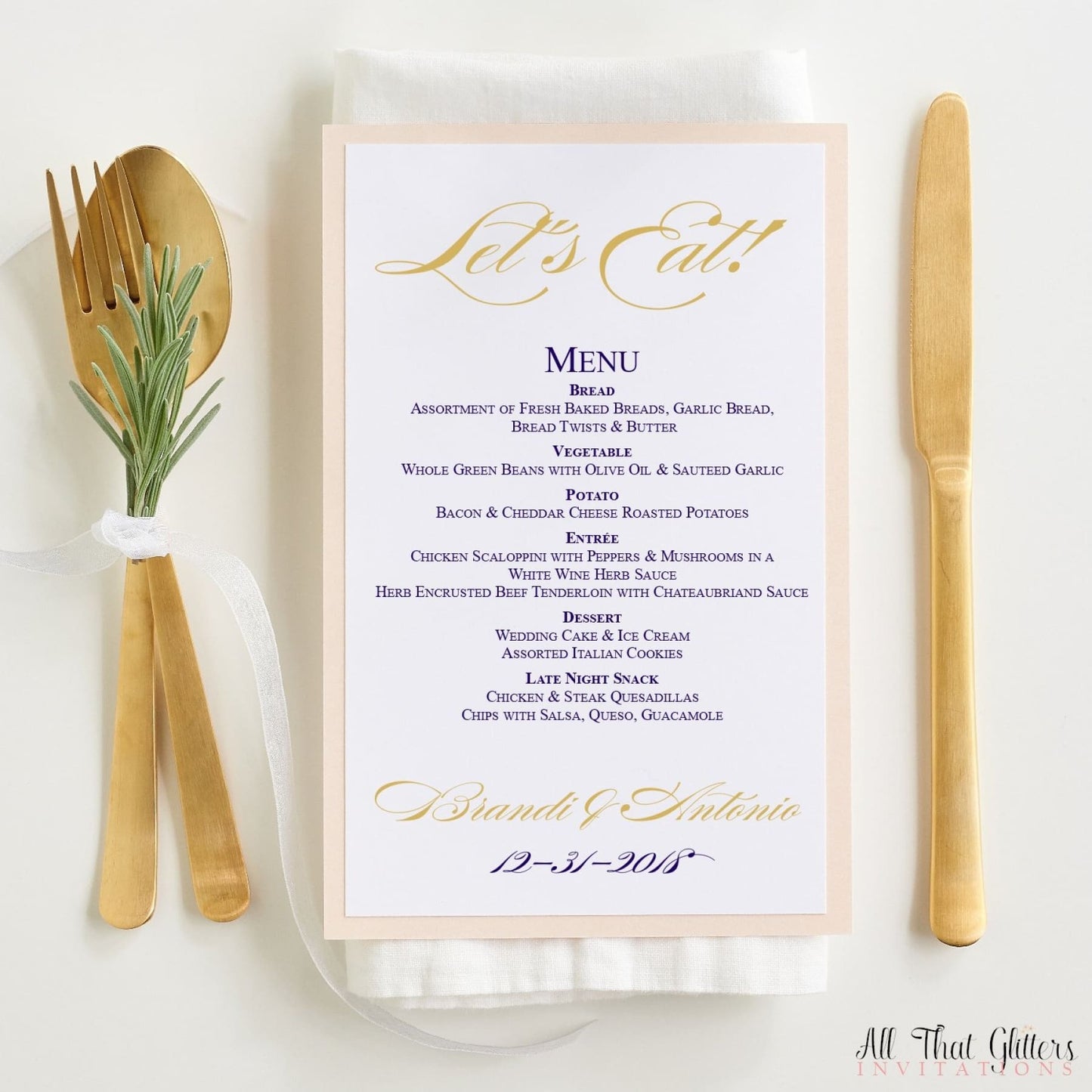 Elegant Wedding Reception Dinner Menu, Brandi - All That Glitters Invitations