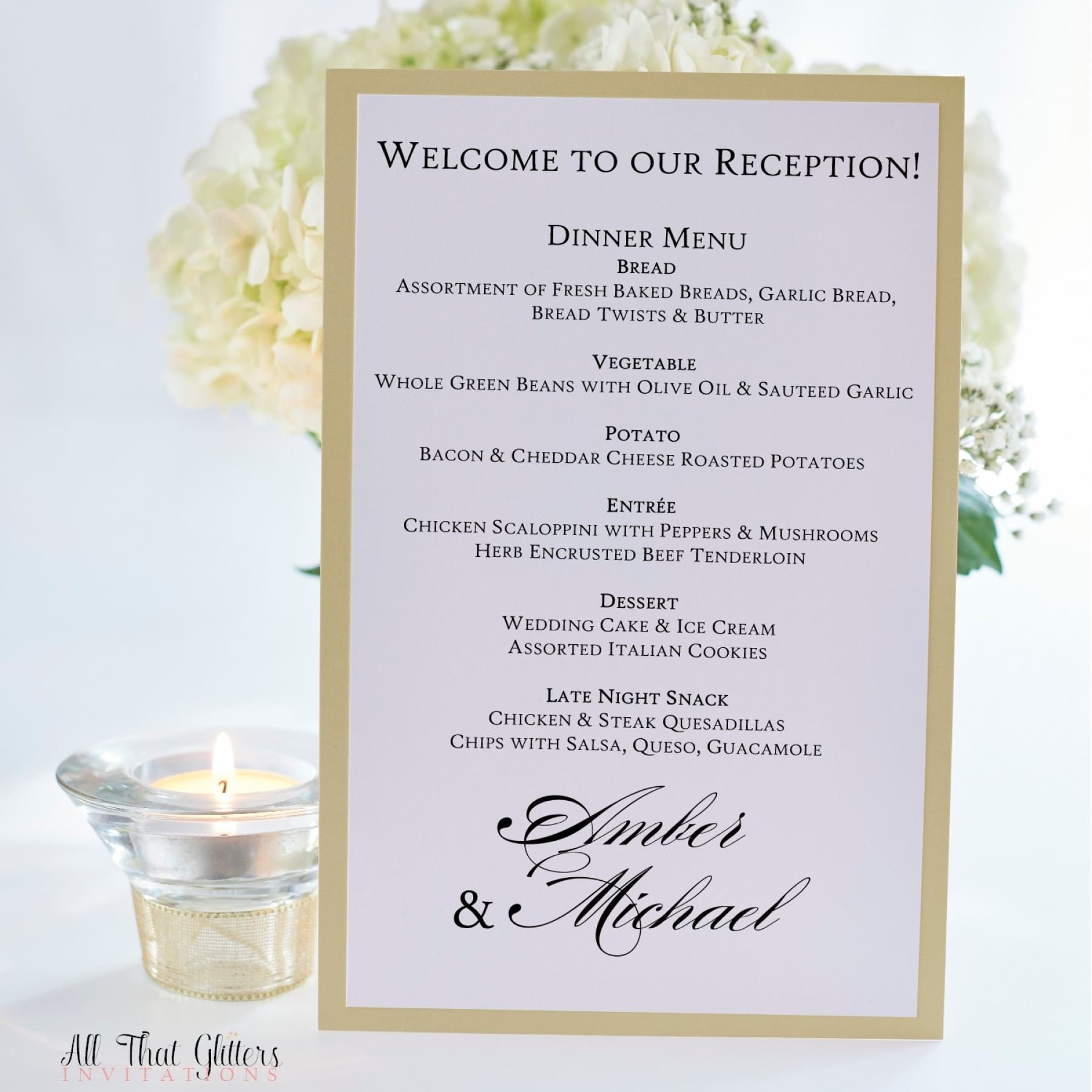 Formal Wedding Reception Dinner Menu, Amber - All That Glitters Invitations