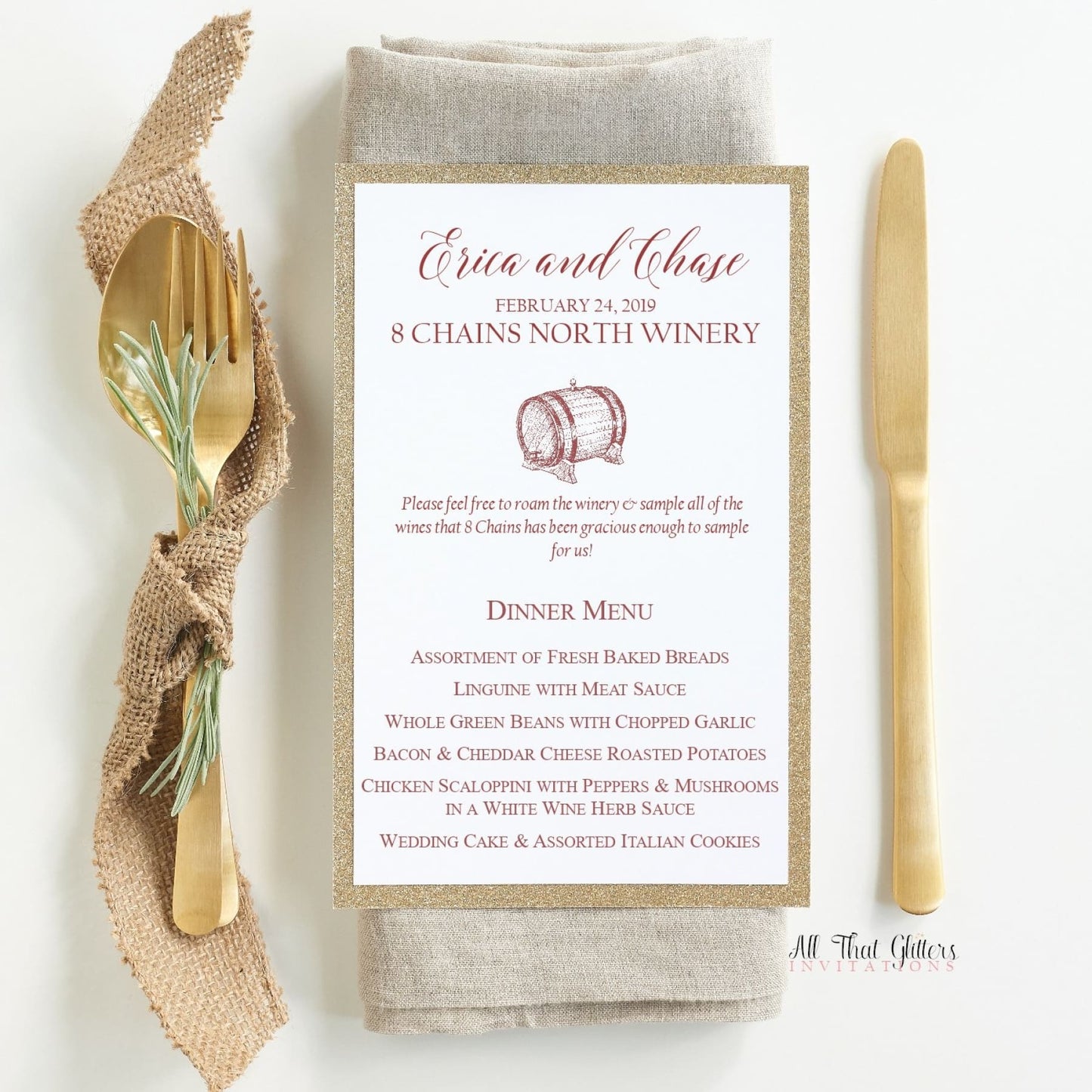 Wine-Themed Wedding Reception Dinner Menu, Erica - All That Glitters Invitations