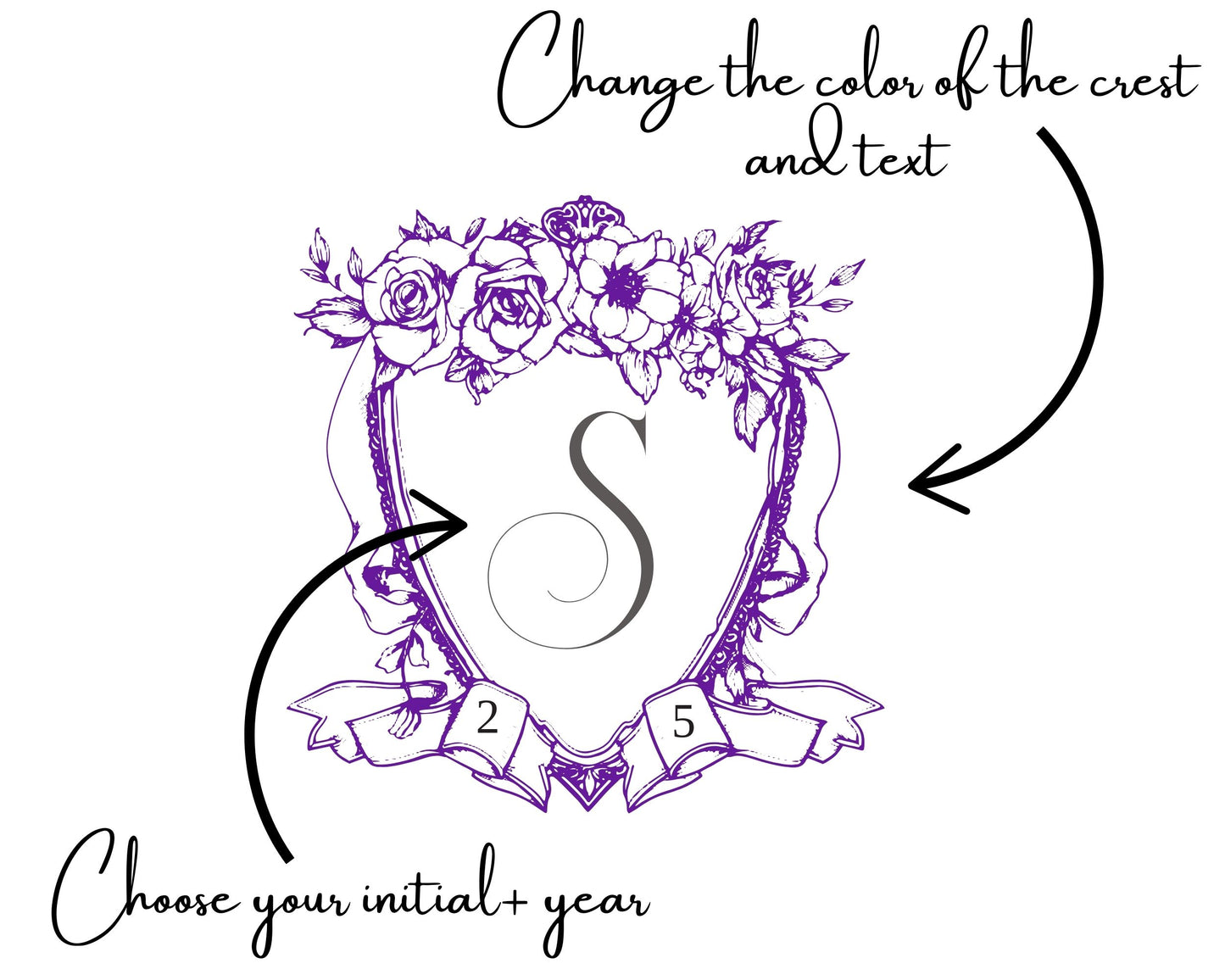 Decorative crest with floral elements and customizable text on a white background