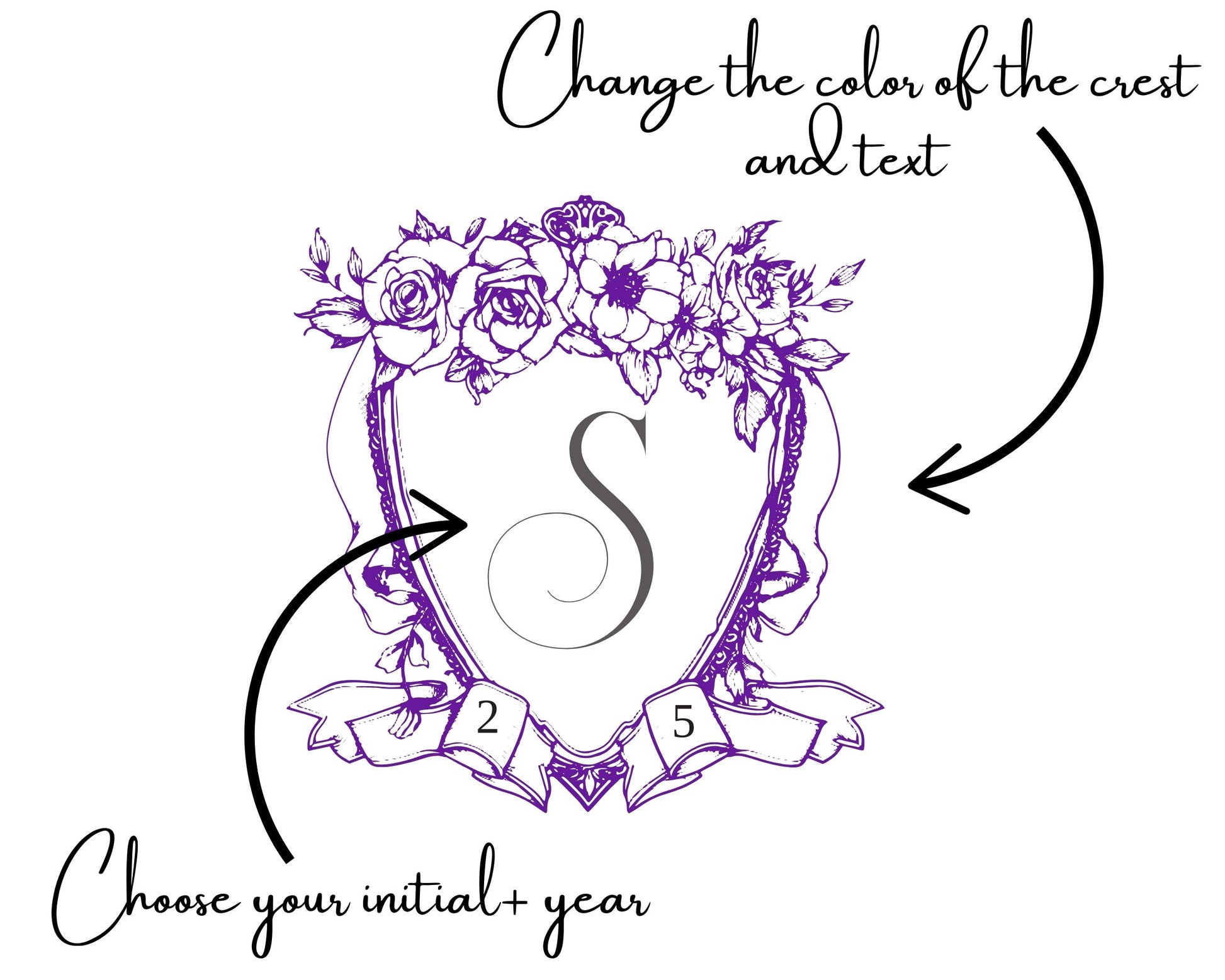 Decorative crest with floral elements and customizable text on a white background
