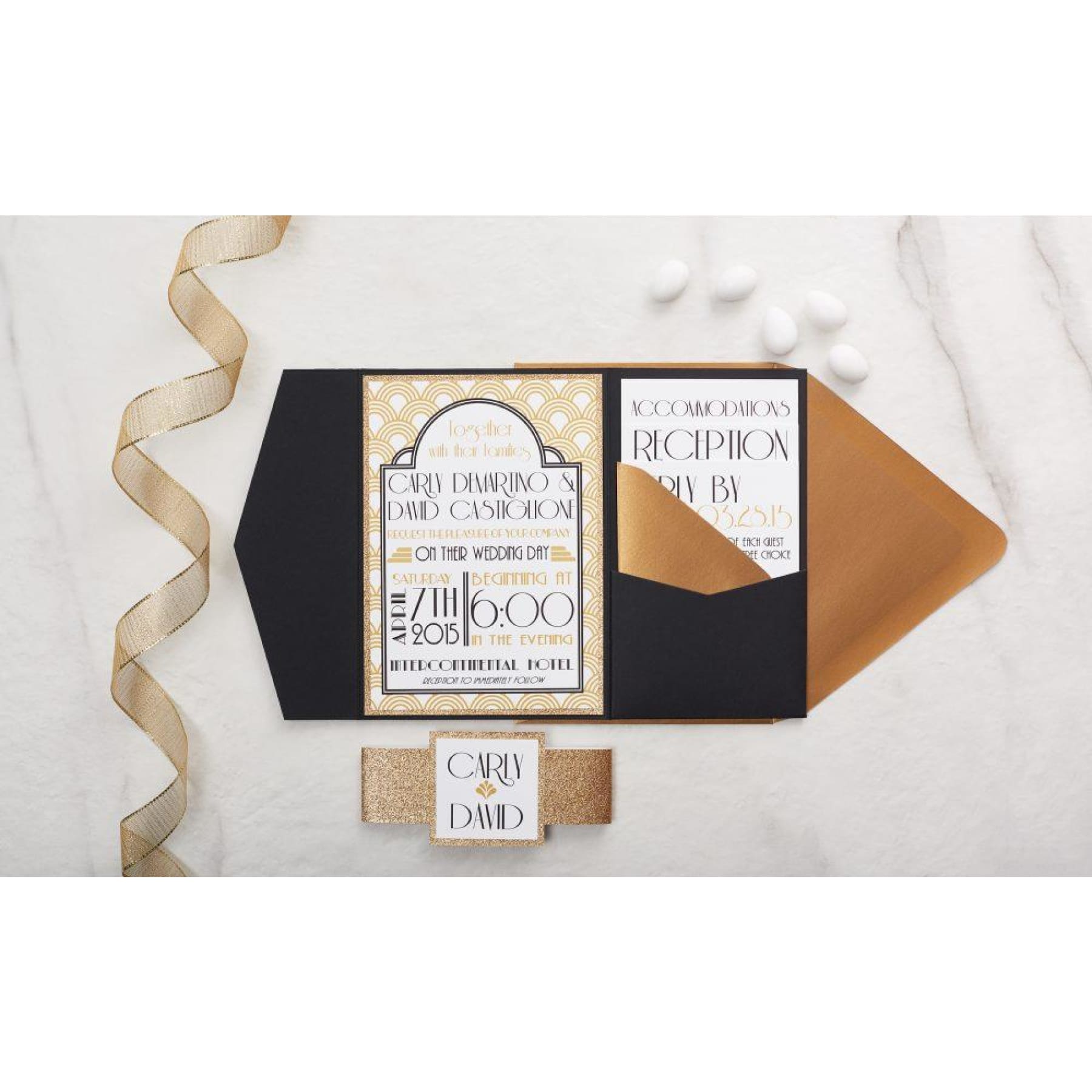 Great Gatsby inspired wedding invitations, Gold and black wedding invitation with retro inspiration