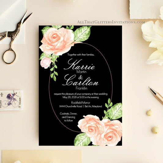 Black and Vintage Rose Wedding Invitation, Karrie - All That Glitters Invitations