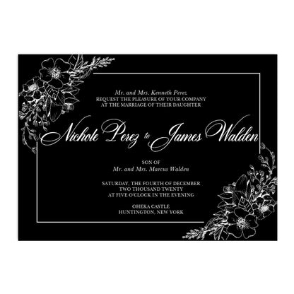 Black and White Hand Drawn Flower Wedding Invitation - All That Glitters Invitations