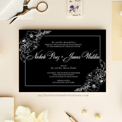 Black and White Hand Drawn Flower Wedding Invitation - All That Glitters Invitations