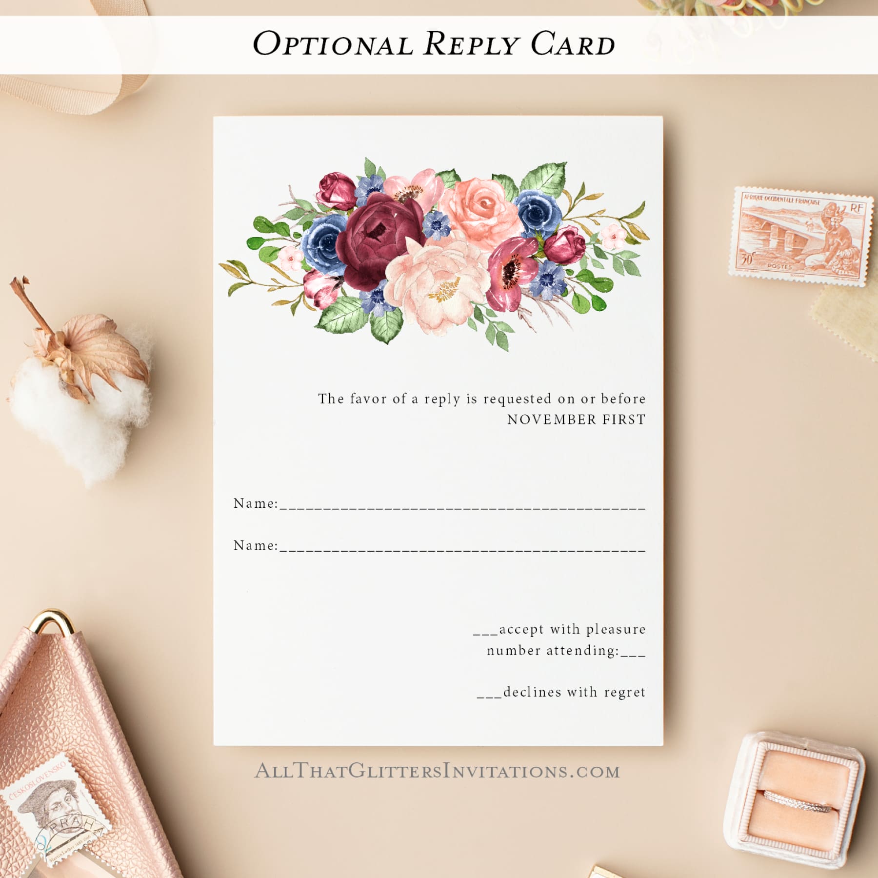 Burgundy Bouquet Wedding Invitation - All That Glitters Invitations