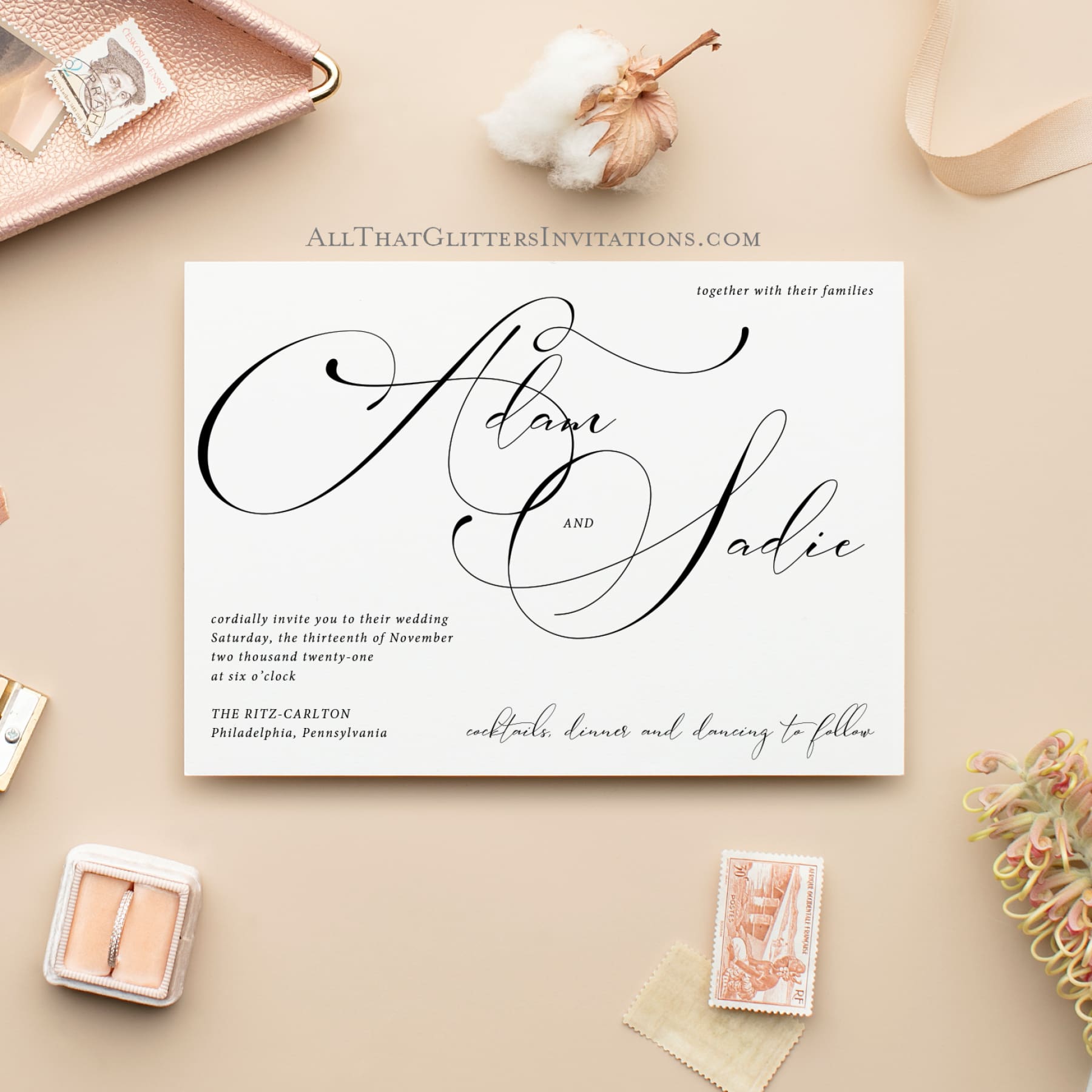 Calligraphy Wedding Invitation, Modern Adam - All That Glitters Invitations