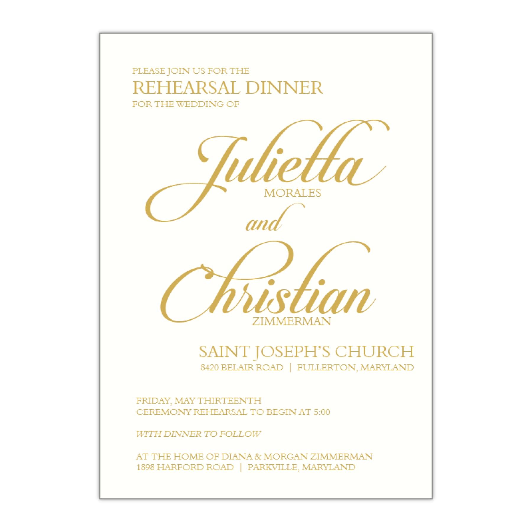 Elegant Calligraphy Rehearsal Dinner Invitation, Julietta - All That Glitters Invitations