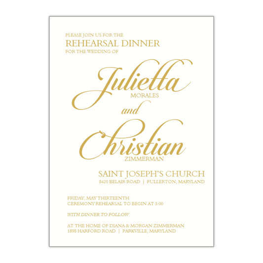 Elegant Calligraphy Rehearsal Dinner Invitation, Julietta - All That Glitters Invitations