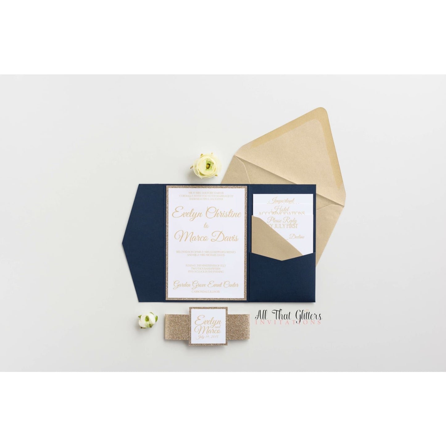 Elegant Glitter Pocketfold Wedding Invitation, Evelyn - All That Glitters Invitations