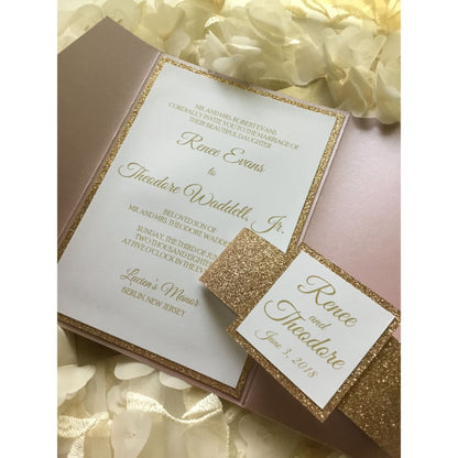 Elegant Glitter Pocketfold Wedding Invitation, Evelyn - All That Glitters Invitations