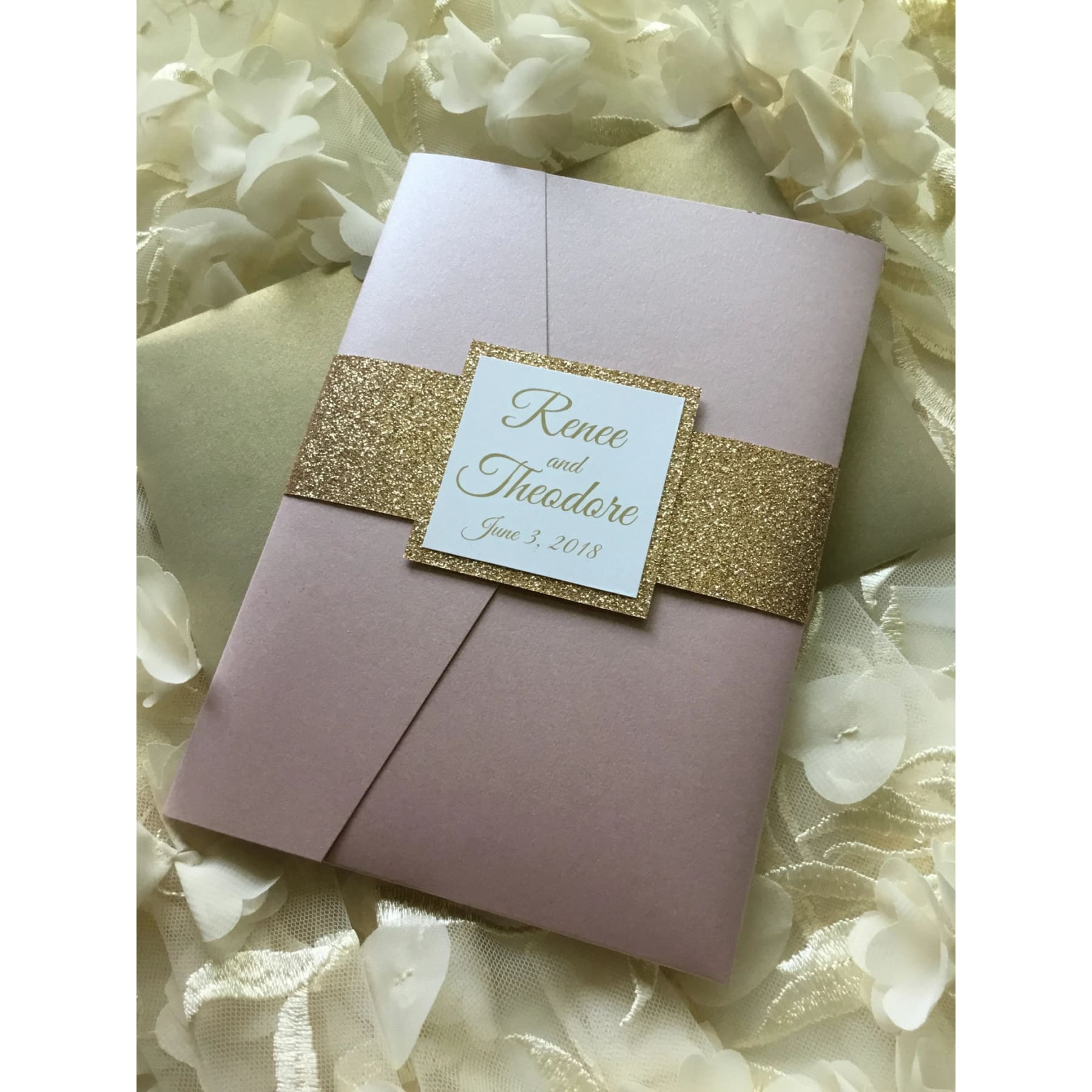 Elegant Glitter Pocketfold Wedding Invitation, Evelyn - All That Glitters Invitations