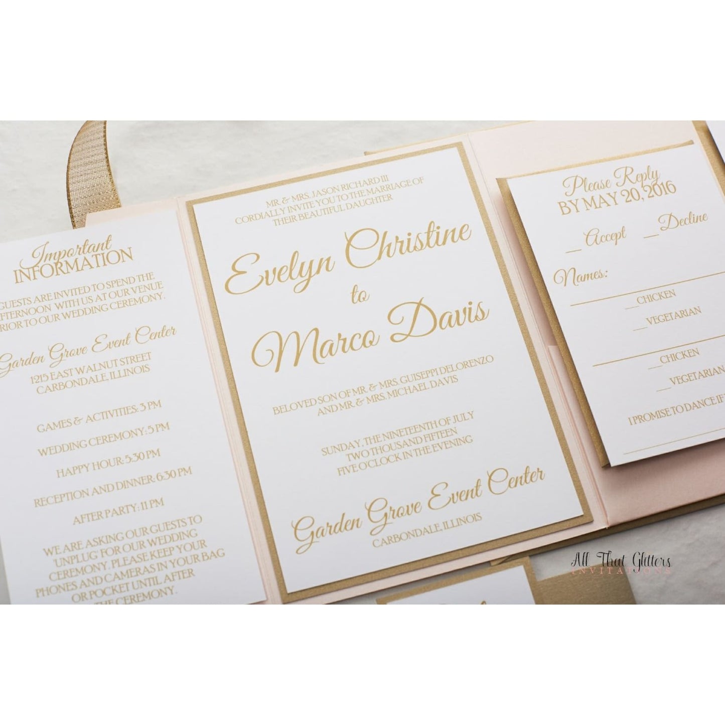 Elegant Pocketfold Wedding Invitation, Evelyn - All That Glitters Invitations