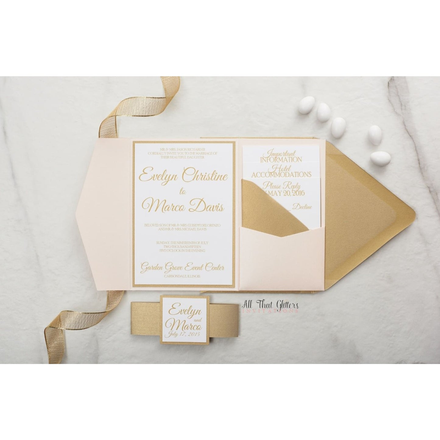 Elegant Pocketfold Wedding Invitation, Evelyn - All That Glitters Invitations