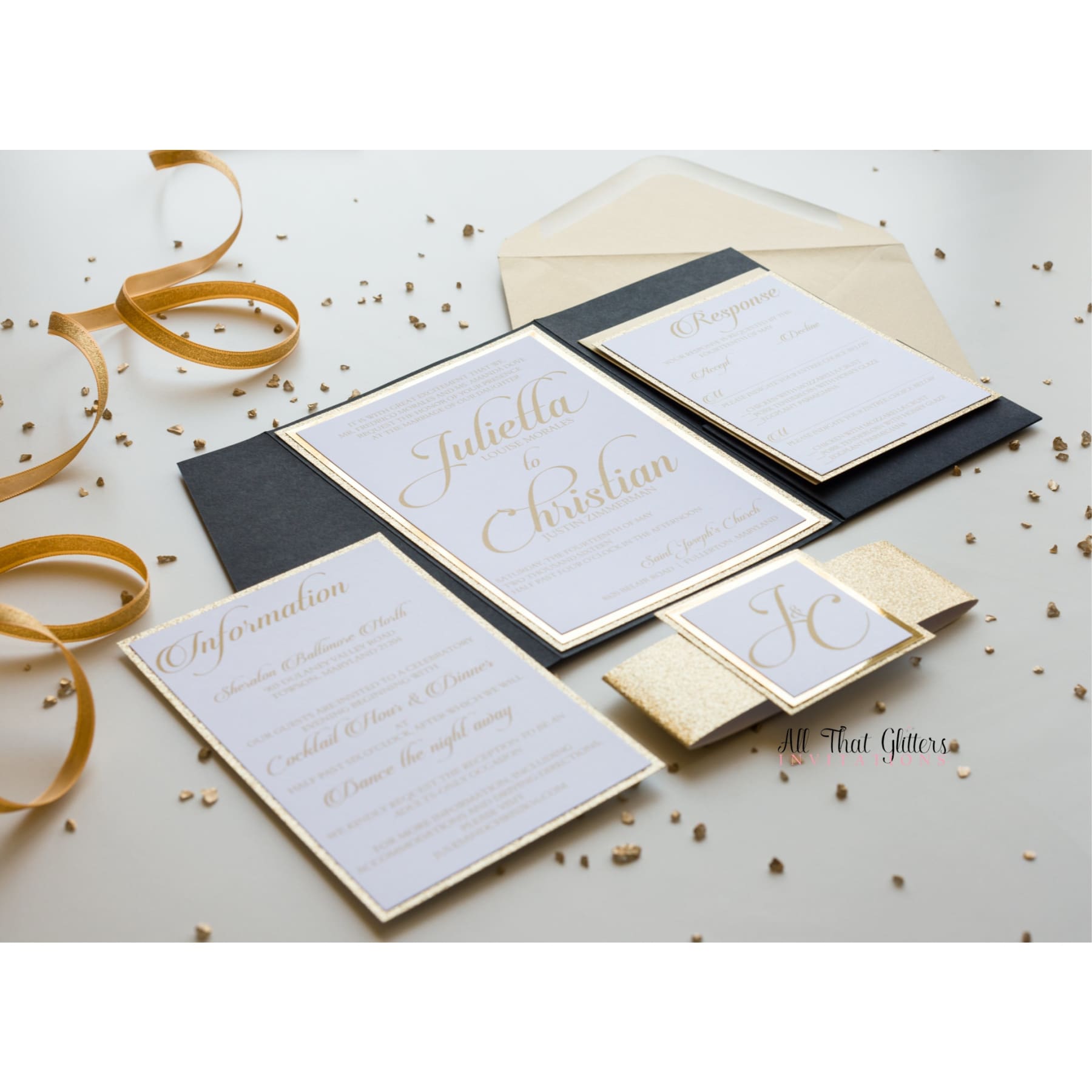 Elegant Pocketfold Wedding Invitation, Julietta - All That Glitters Invitations