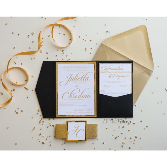 Elegant Pocketfold Wedding Invitation, Julietta - All That Glitters Invitations