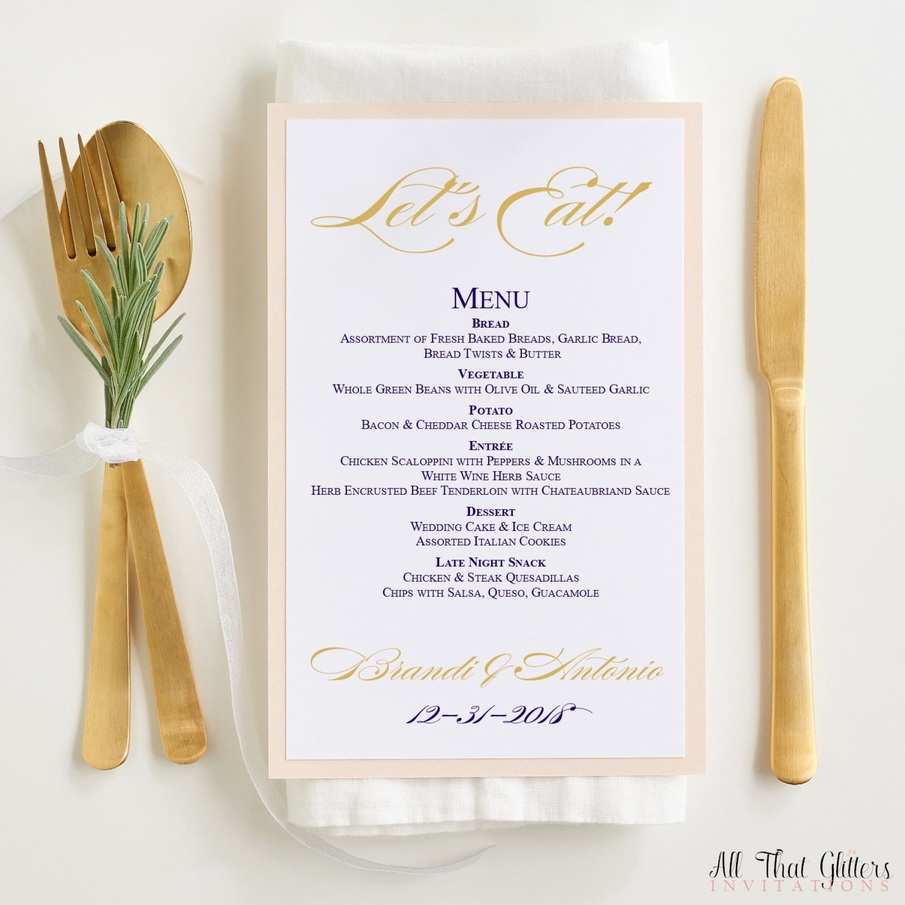 Elegant Wedding Reception Dinner Menu, Brandi - All That Glitters Invitations