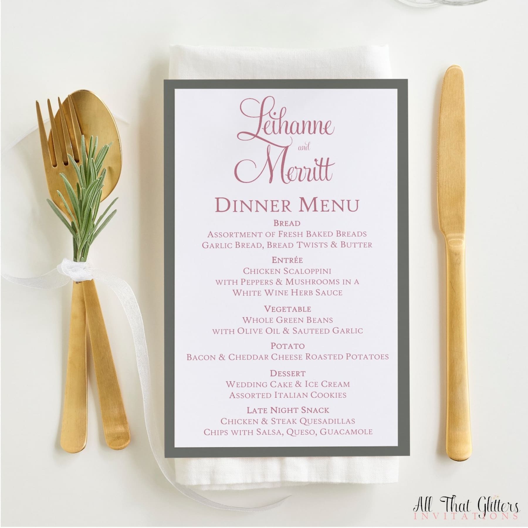 Elegant Wedding Reception Dinner Menu, Leihanne - All That Glitters Invitations
