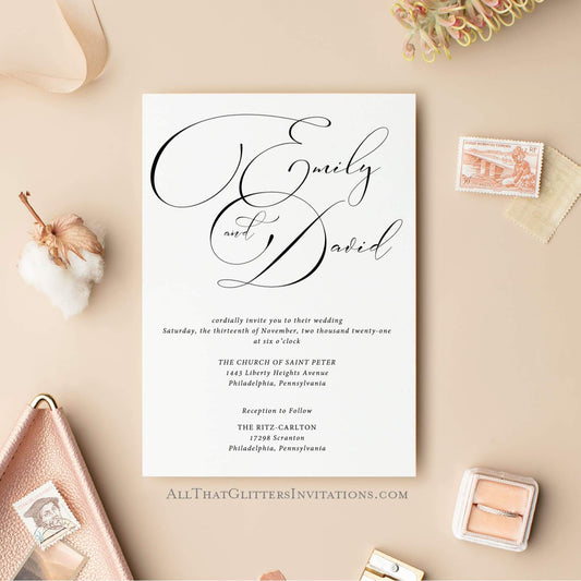 Fancy Calligraphy Wedding Invitation, Emily - All That Glitters Invitations