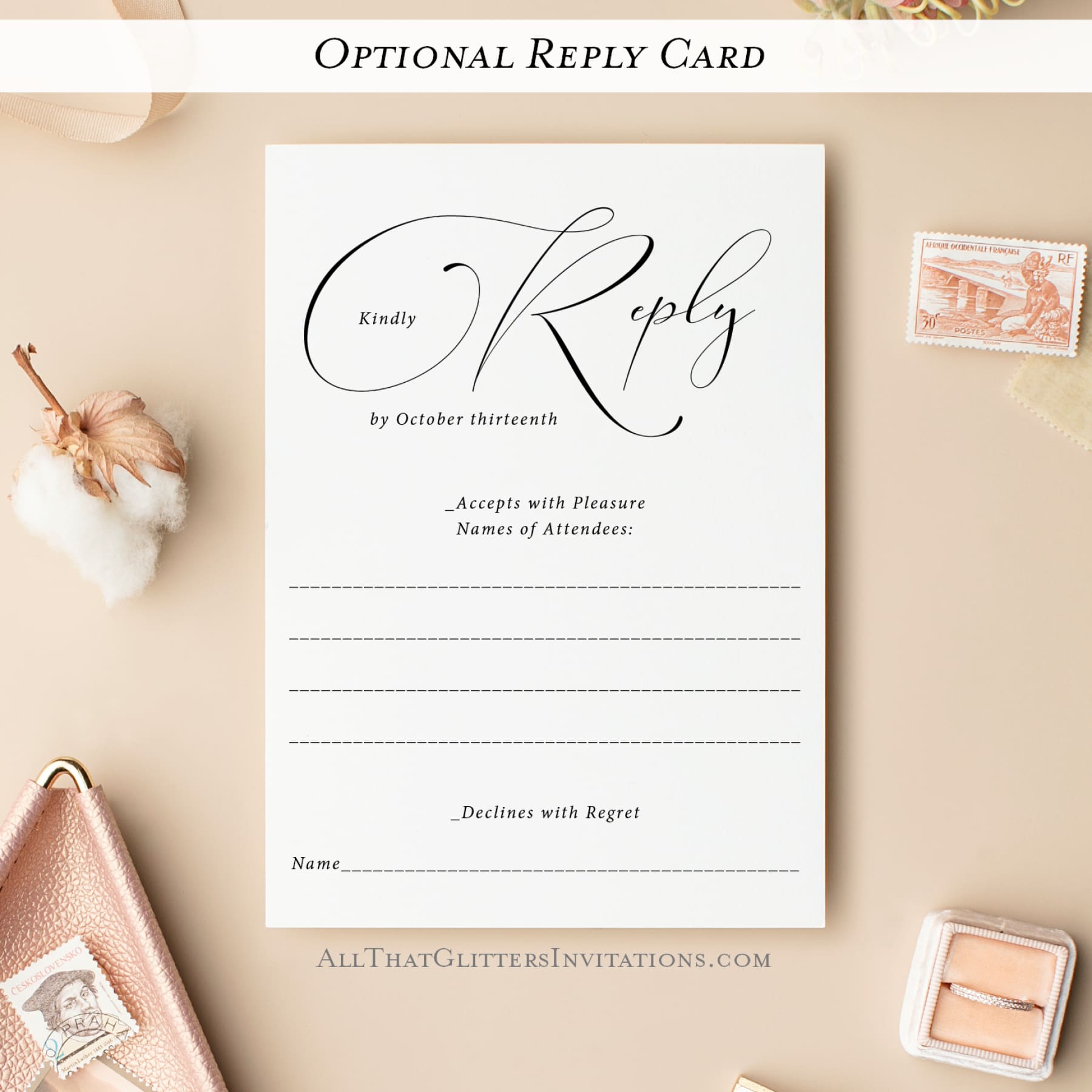Fancy Calligraphy Wedding Invitation, Emily - All That Glitters Invitations