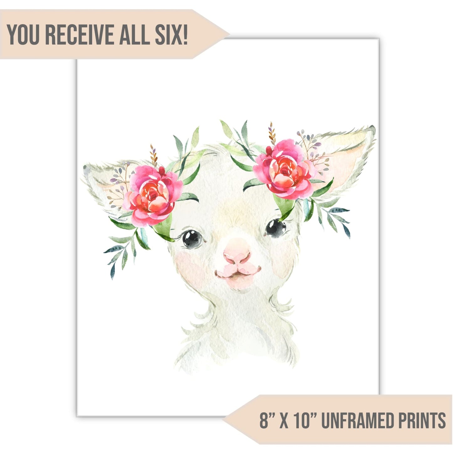 Flower Crown Barnyard Animal Nursery Art Print, 8" x 10" - All That Glitters Invitations