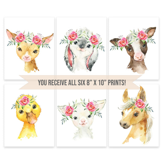 Flower Crown Barnyard Animal Nursery Art Print, 8" x 10" - All That Glitters Invitations