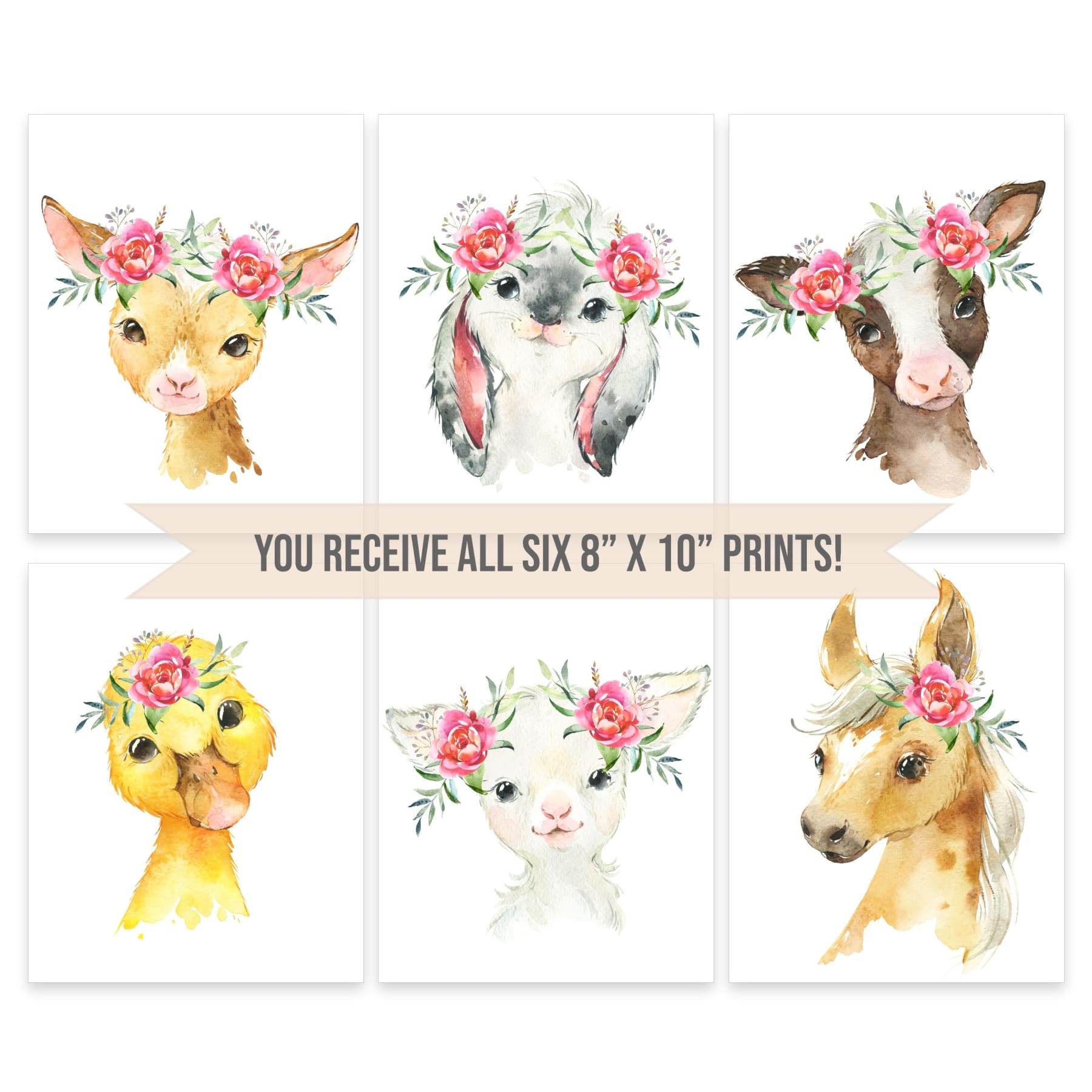 Flower Crown Barnyard Animal Nursery Art Print, 8" x 10" - All That Glitters Invitations