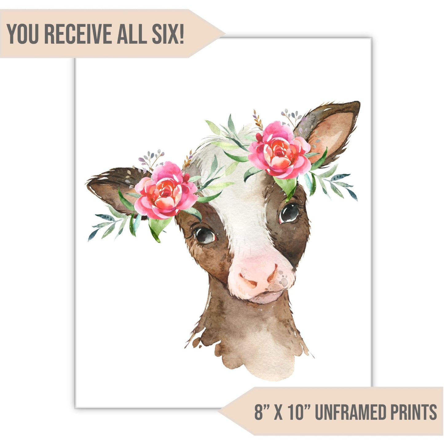 Flower Crown Barnyard Animal Nursery Art Print, 8" x 10" - All That Glitters Invitations