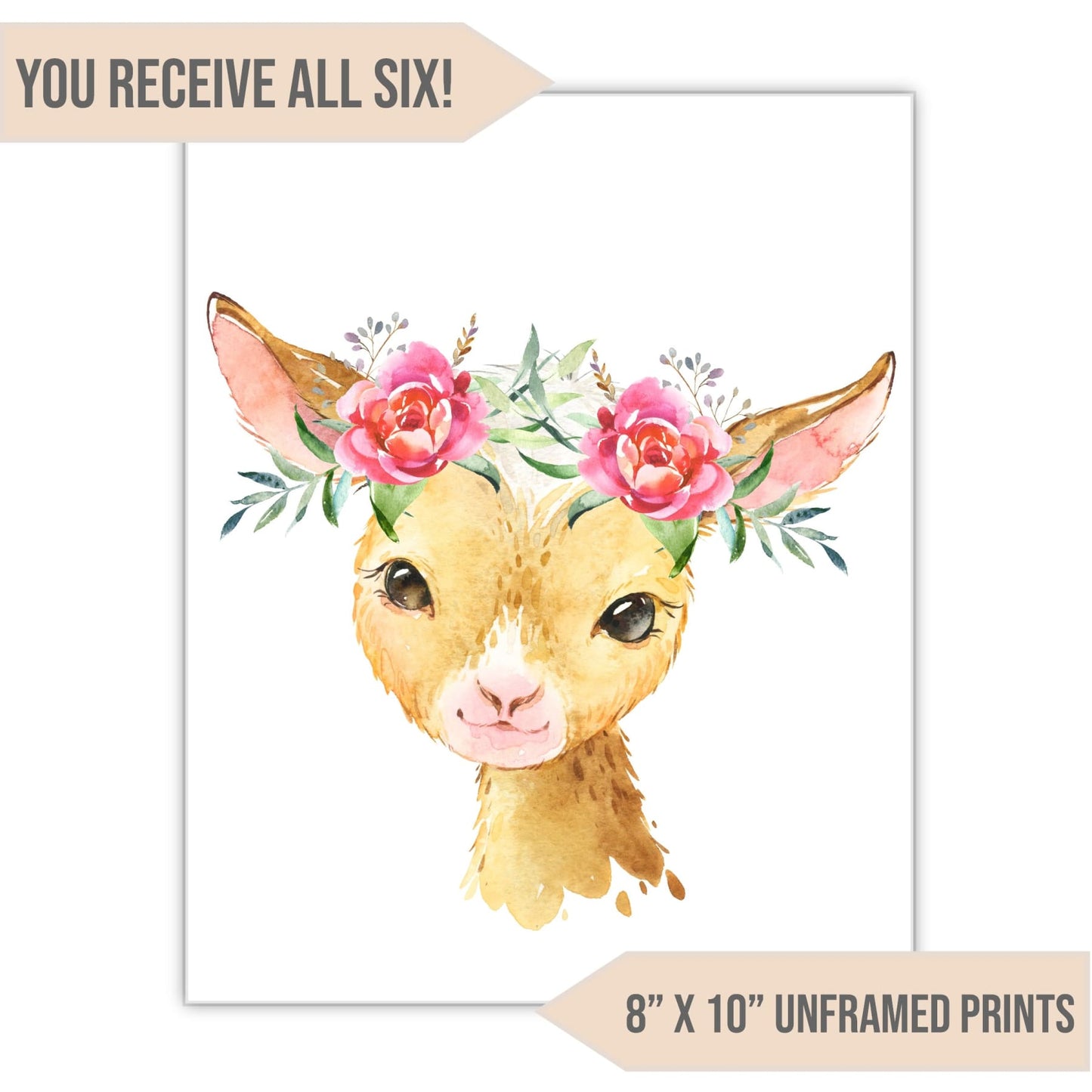 Flower Crown Barnyard Animal Nursery Art Print, 8" x 10" - All That Glitters Invitations
