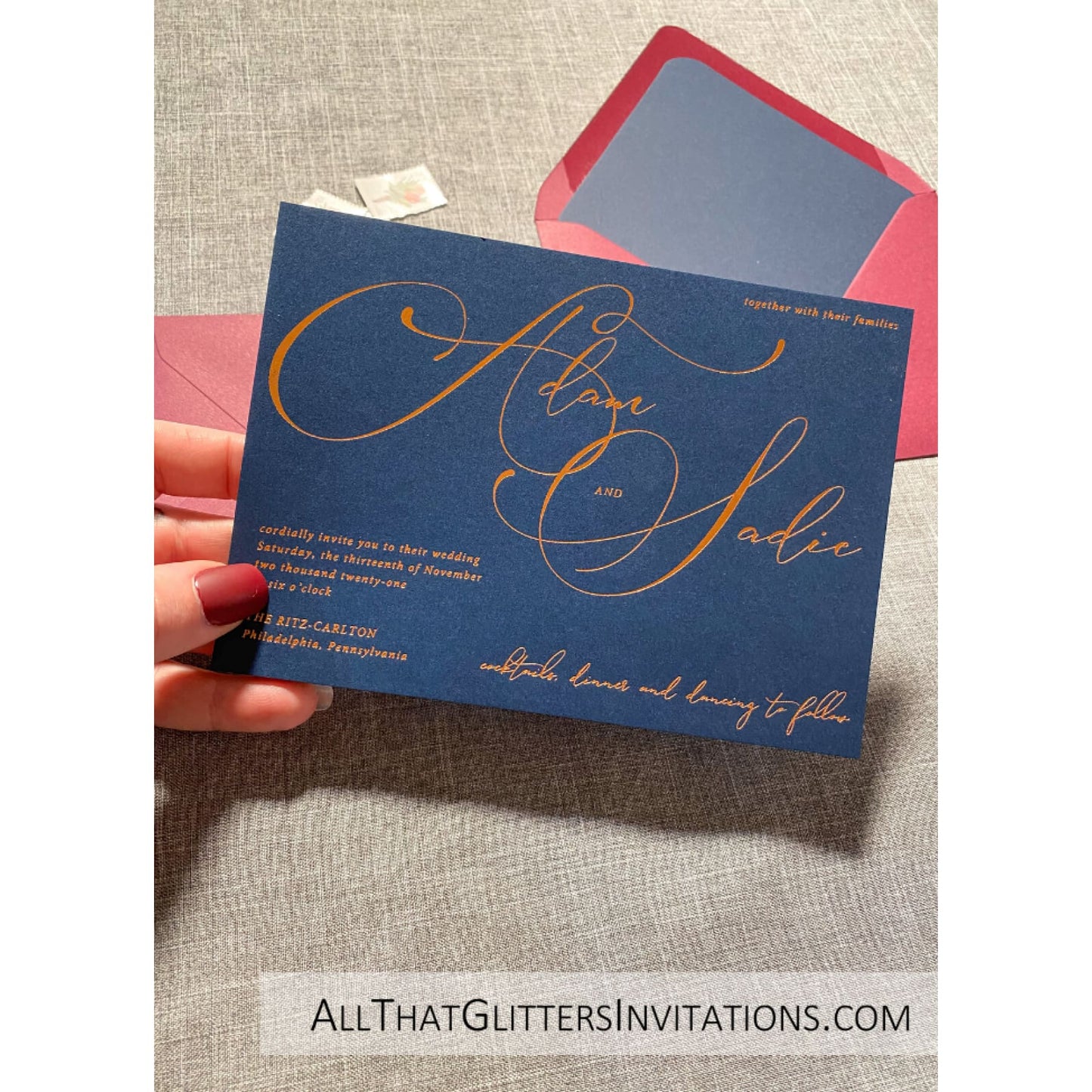 Foil on Navy Blue Wedding Invitation, Adam - All That Glitters Invitations