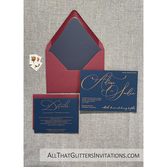 Foil on Navy Blue Wedding Invitation, Adam - All That Glitters Invitations