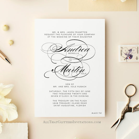 Formal Wedding Invitation, Andrea - All That Glitters Invitations