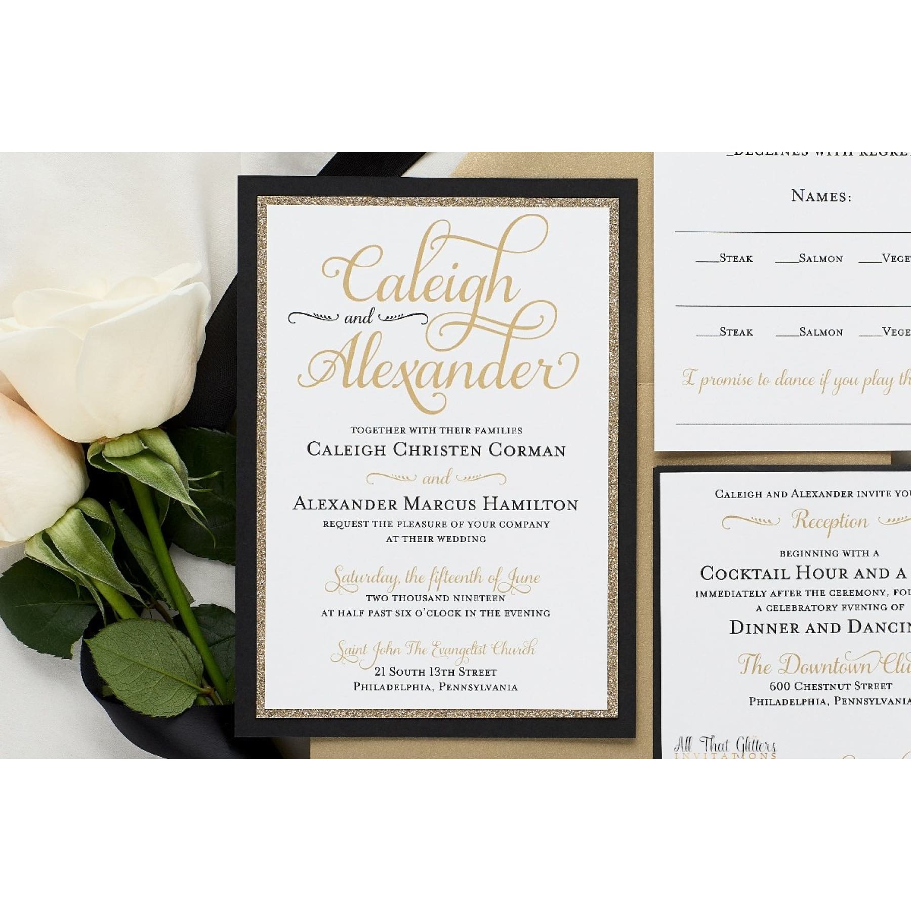 Formal Wedding Invitation with Glitter, Caleigh - All That Glitters Invitations