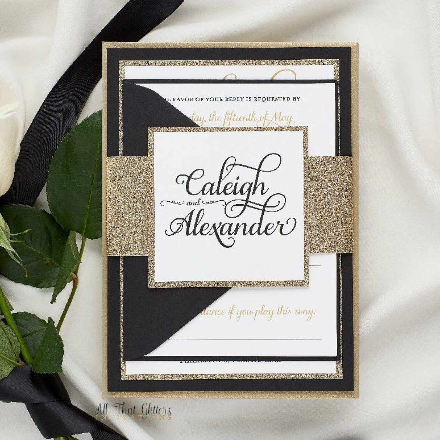 Formal Wedding Invitation with Glitter, Caleigh - All That Glitters Invitations