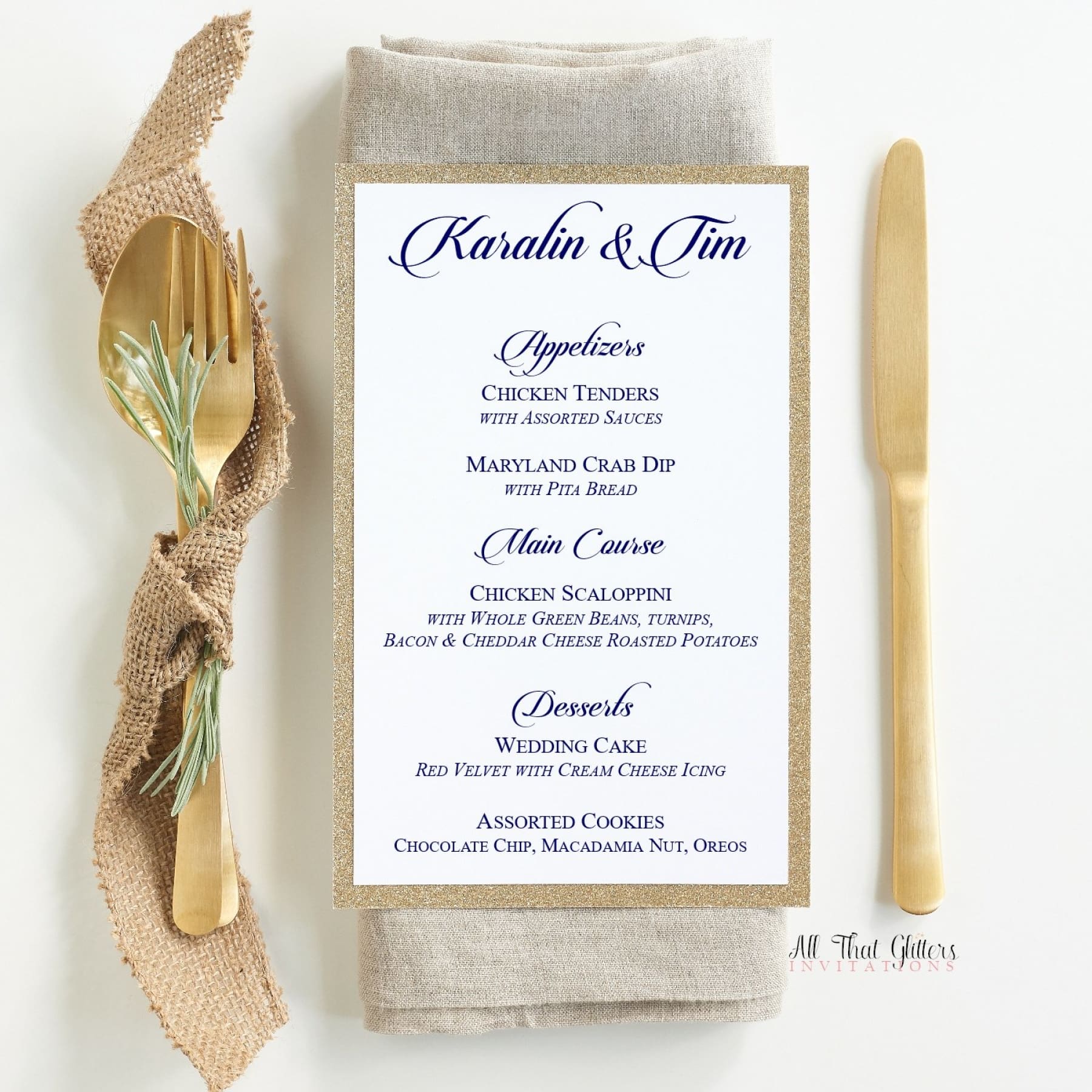 Formal Wedding Reception Dinner Menu, Karalin - All That Glitters Invitations