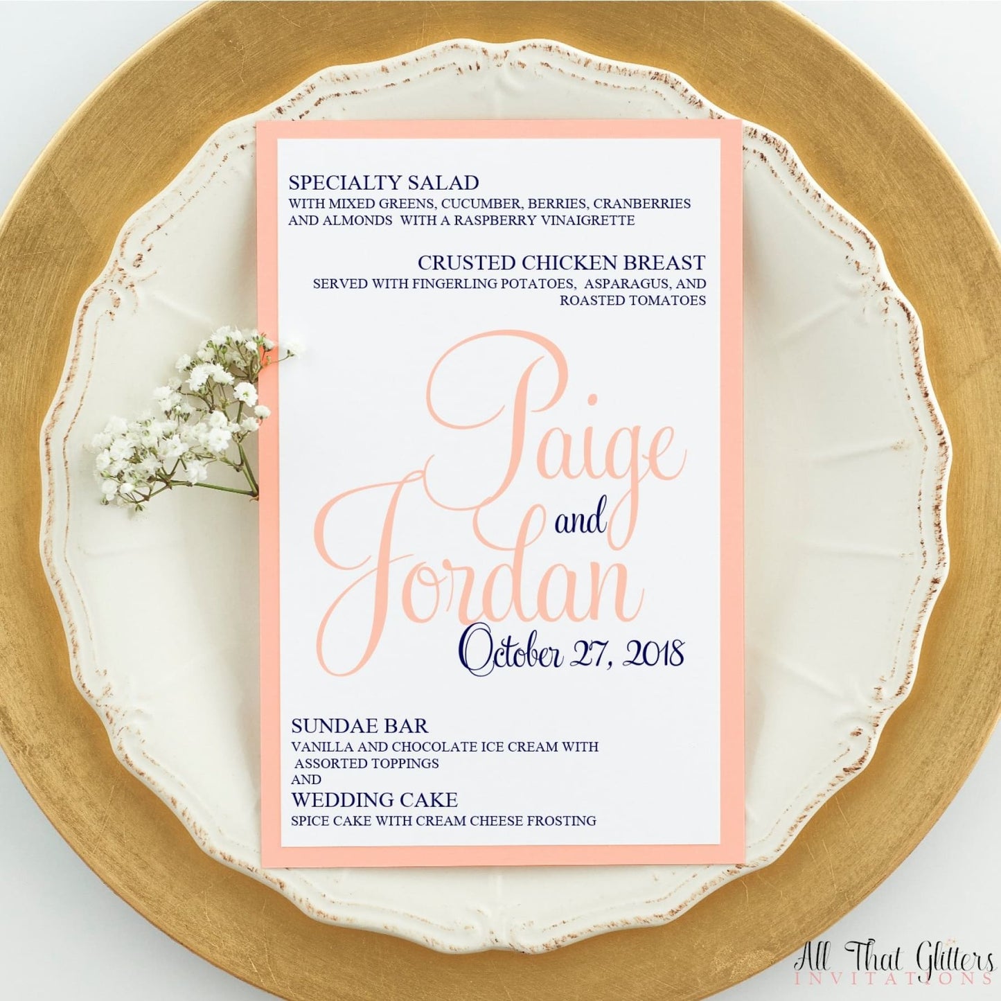 Formal Wedding Reception Dinner Menu, Paige - All That Glitters Invitations