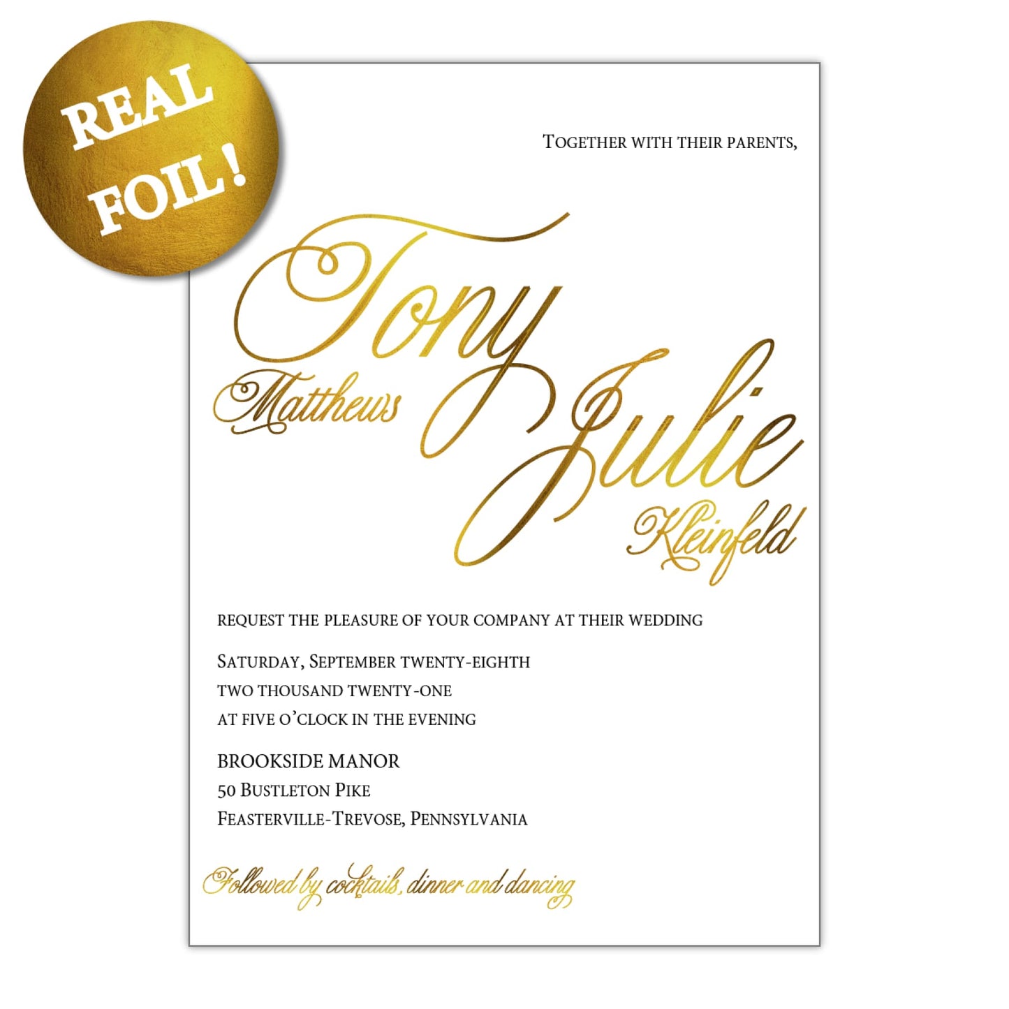 Gold Foiled Script Wedding Invitation, Tony - All That Glitters Invitations