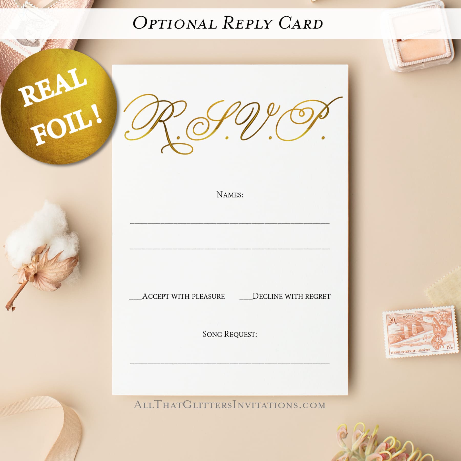 Gold Foiled Script Wedding Invitation, Tony - All That Glitters Invitations