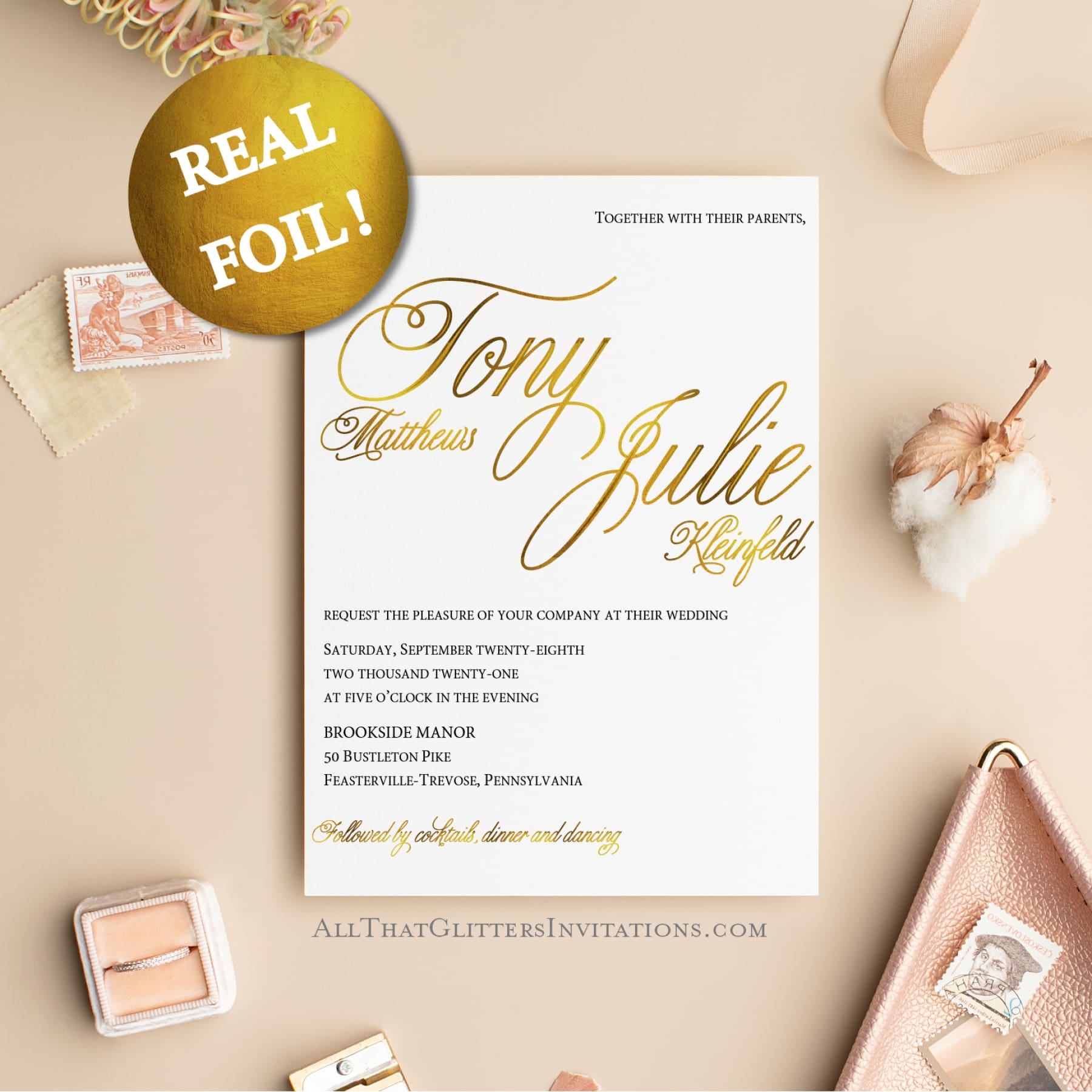 Gold Foiled Script Wedding Invitation, Tony - All That Glitters Invitations