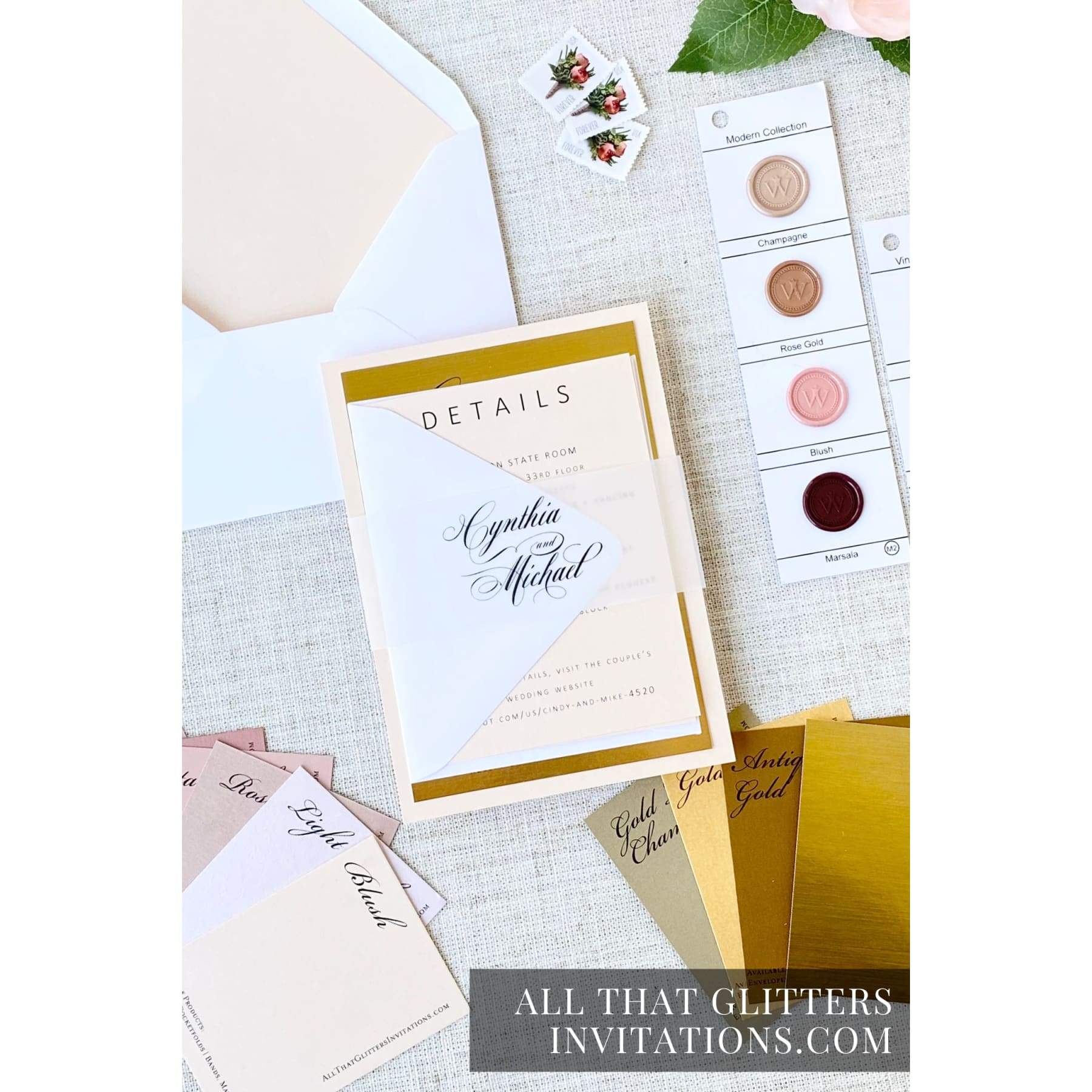 Gold Wedding Invitation on Foil, Cynthia - All That Glitters Invitations