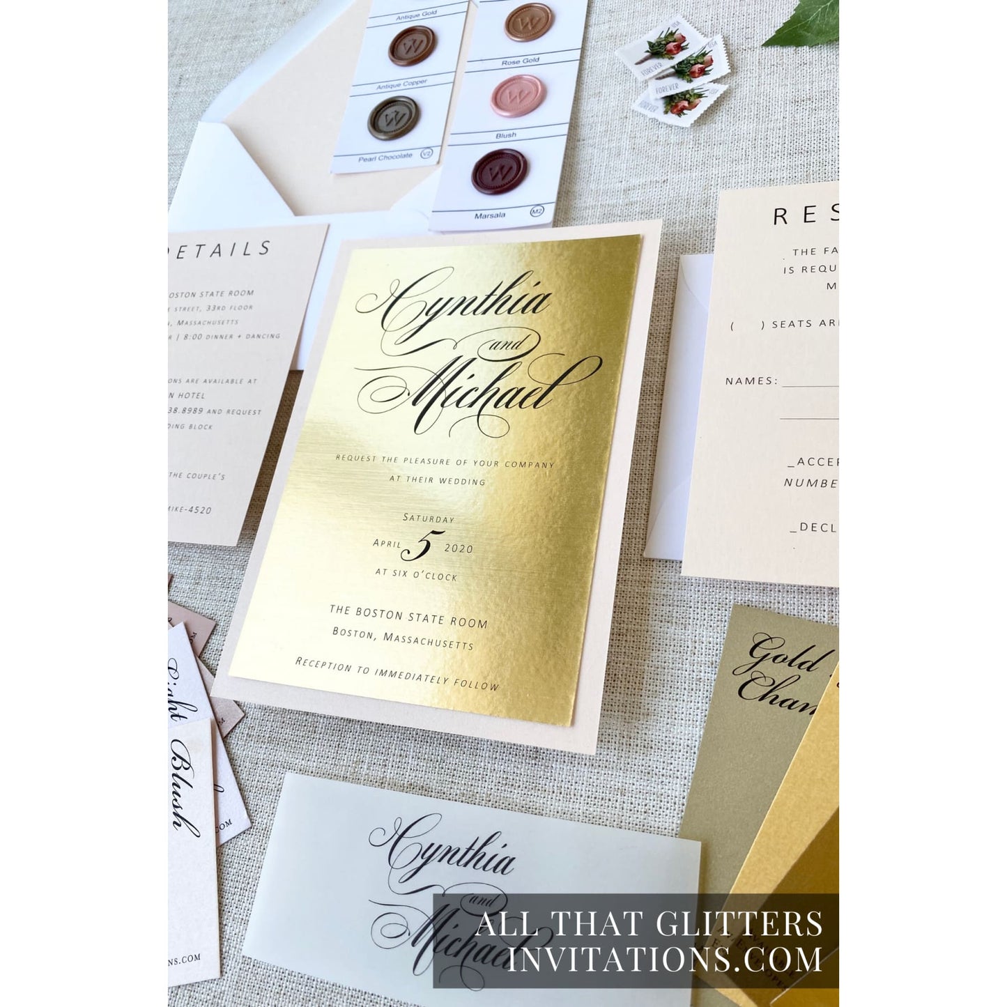 Gold Wedding Invitation on Foil, Cynthia - All That Glitters Invitations