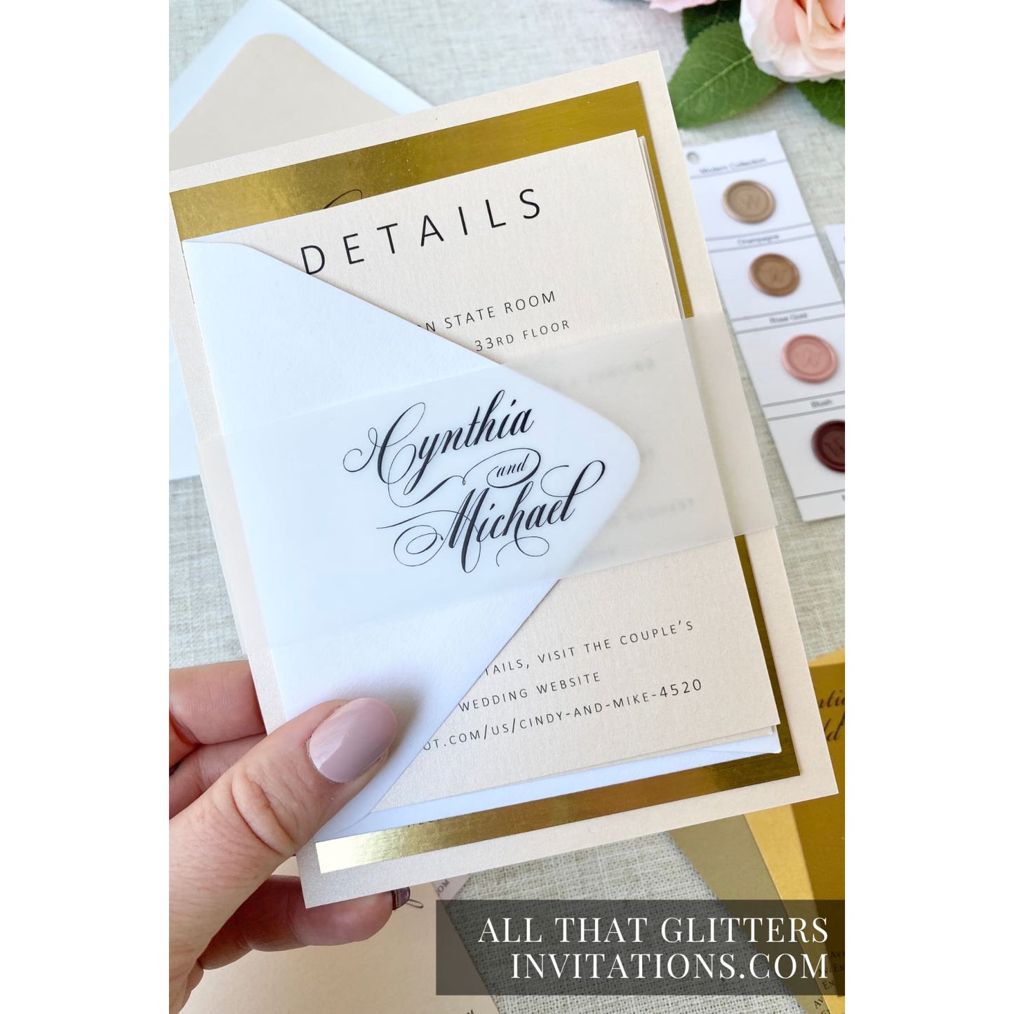 Gold Wedding Invitation on Foil, Cynthia - All That Glitters Invitations