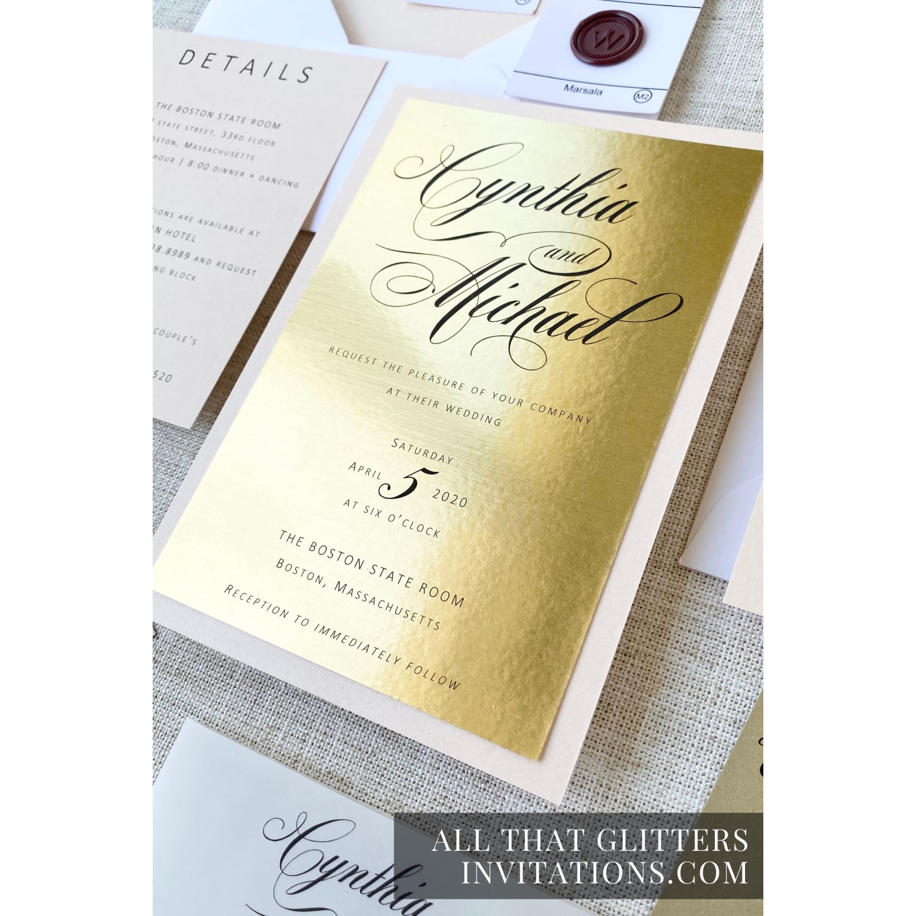 Gold Wedding Invitation on Foil, Cynthia - All That Glitters Invitations