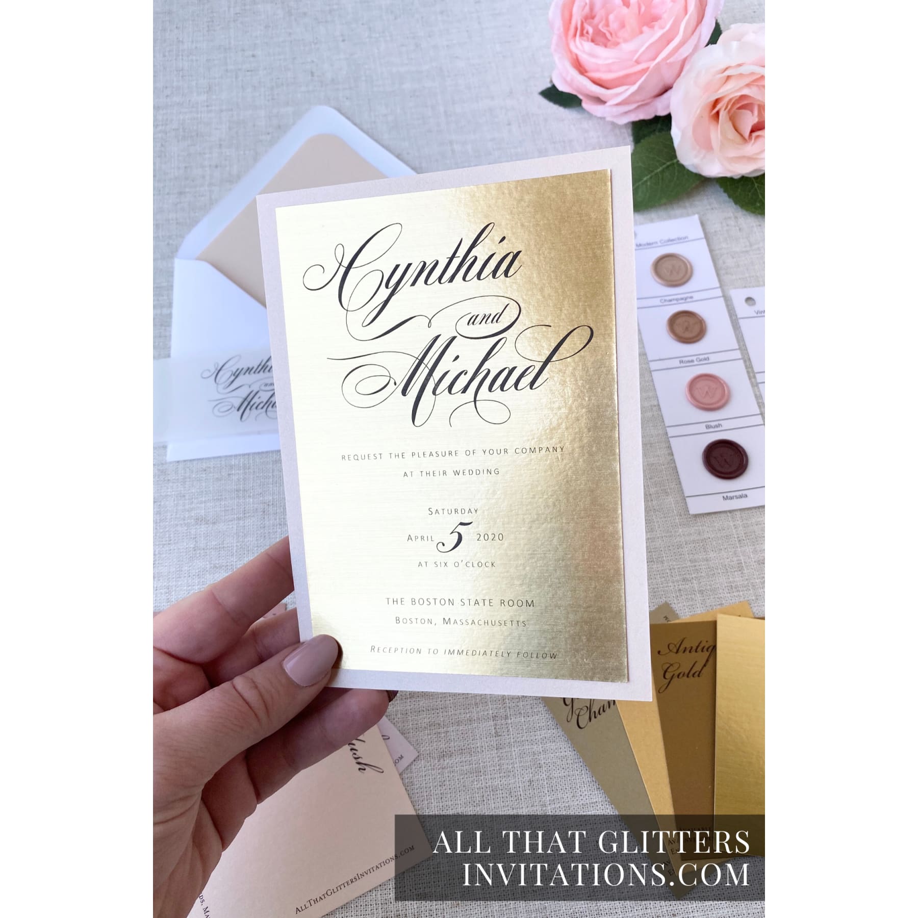 Gold Wedding Invitation on Foil, Cynthia - All That Glitters Invitations