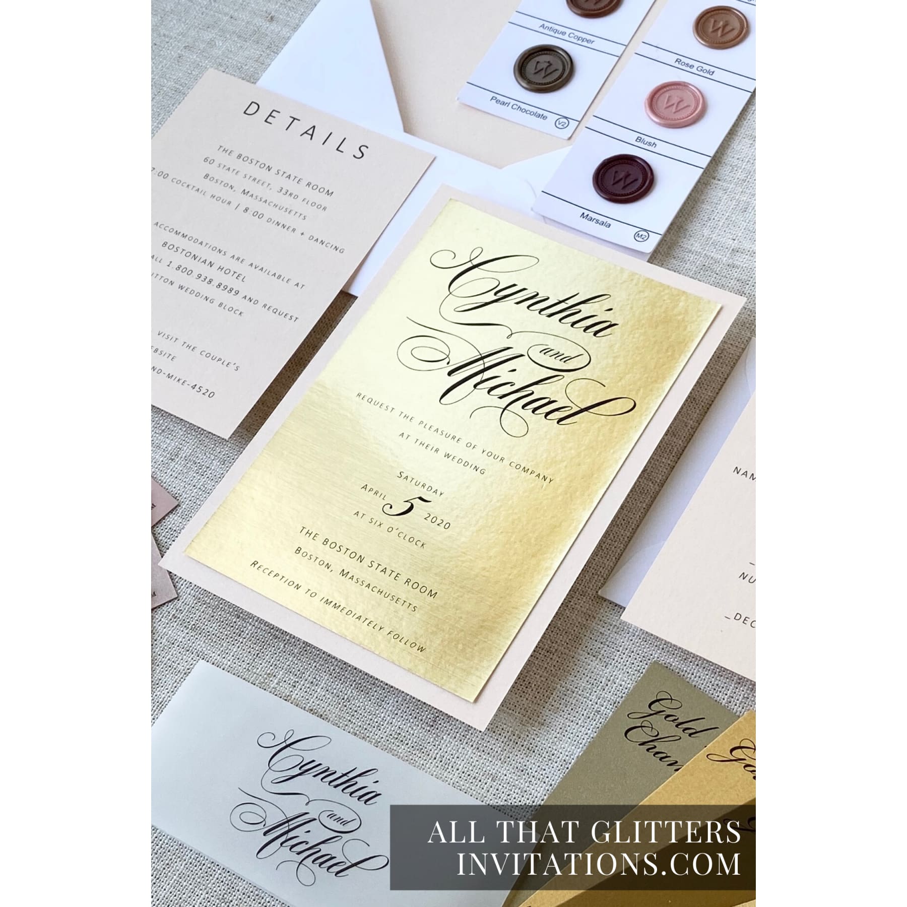 Customized Gold Foil Wedding Invitations with Glitter Bellyband and En