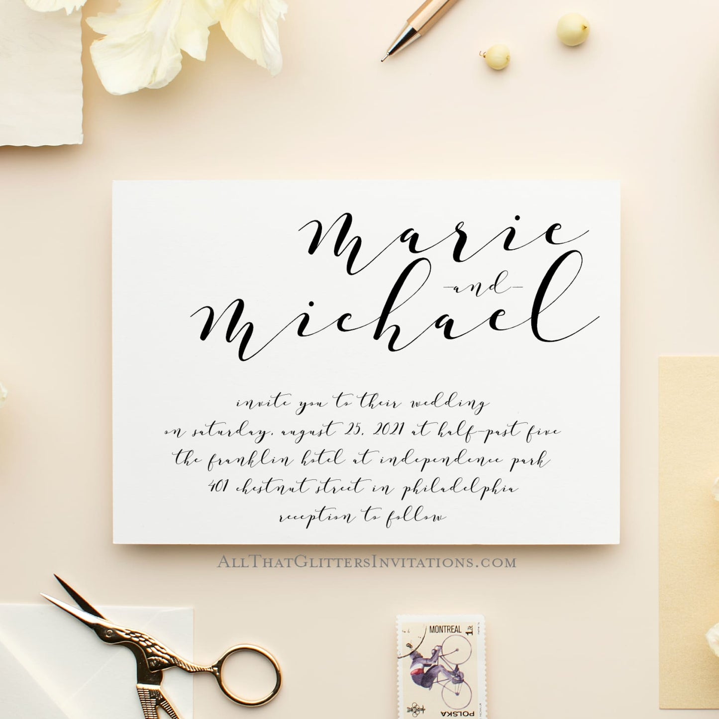 Hand Calligraphy Wedding Invitation, Maria - All That Glitters Invitations
