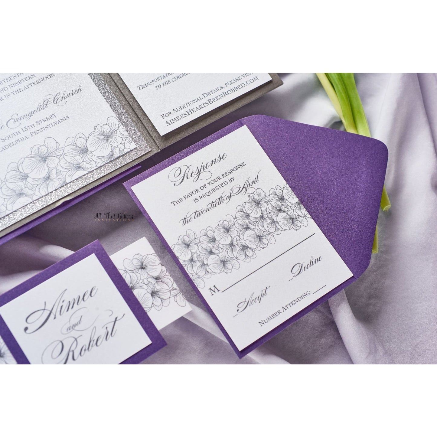 Hand Drawn Flower Wedding Invitation, Aimee - All That Glitters Invitations