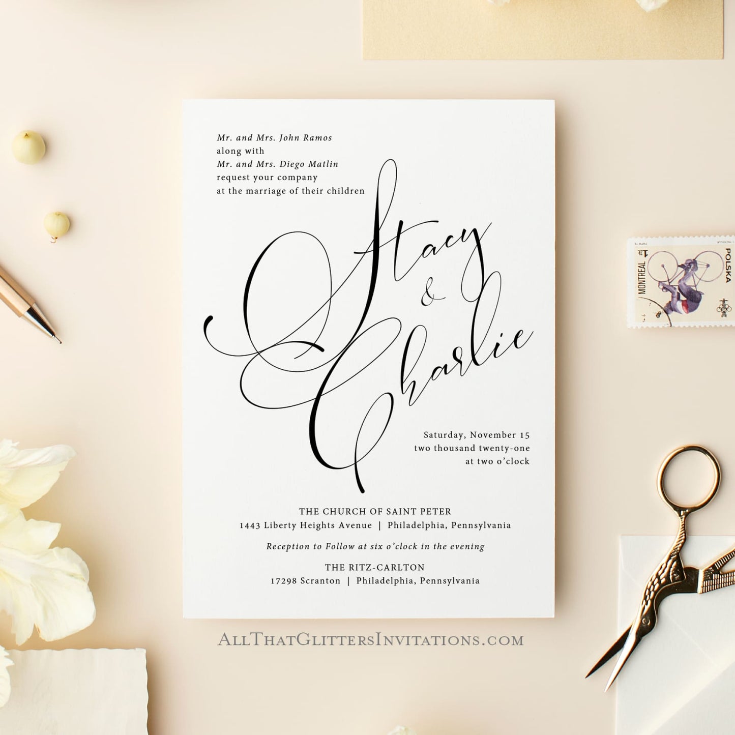 Handscript Calligraphy Wedding Invitation, Stacy - All That Glitters Invitations