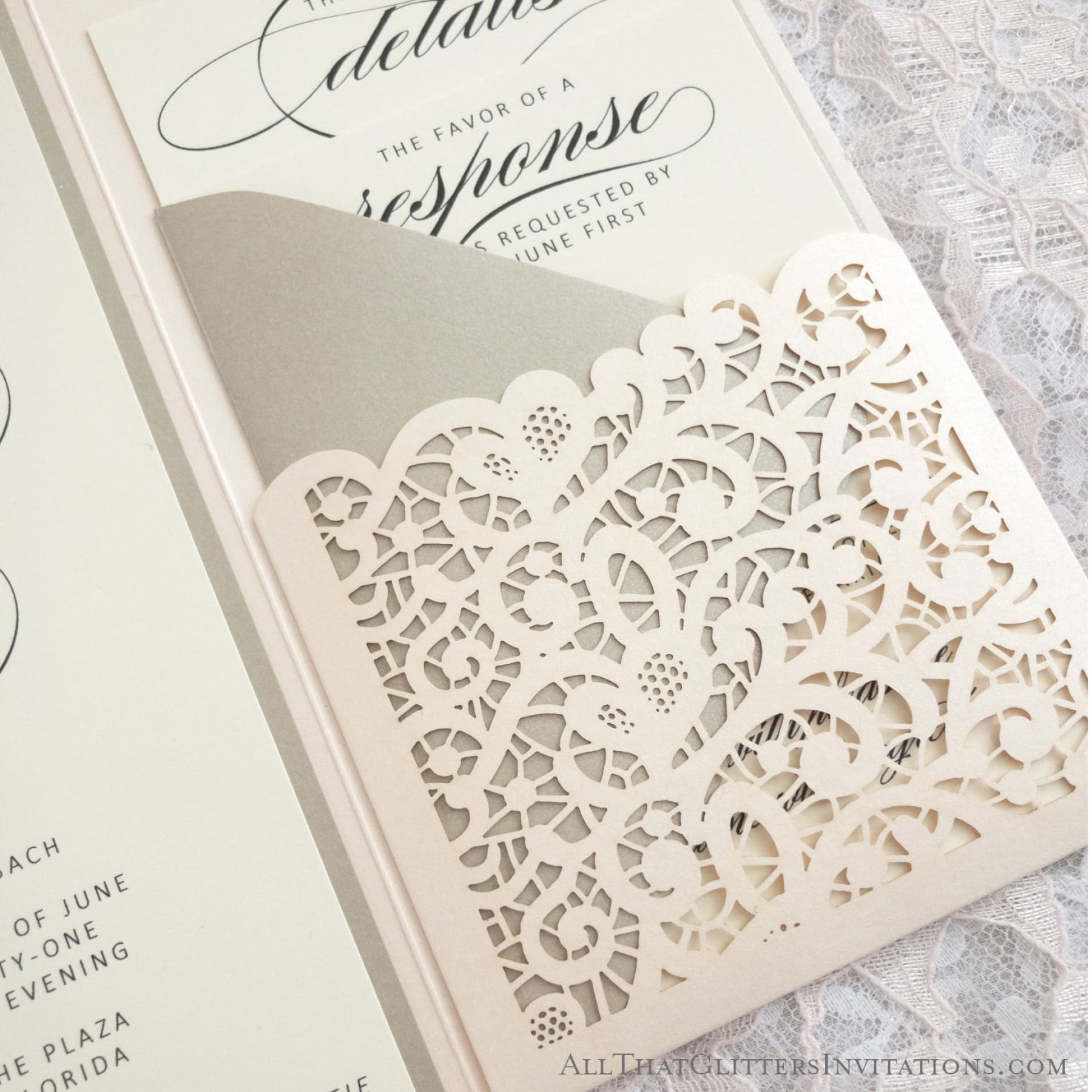 Laser Cut Pocket Wedding Invitation, Andrea - All That Glitters Invitations